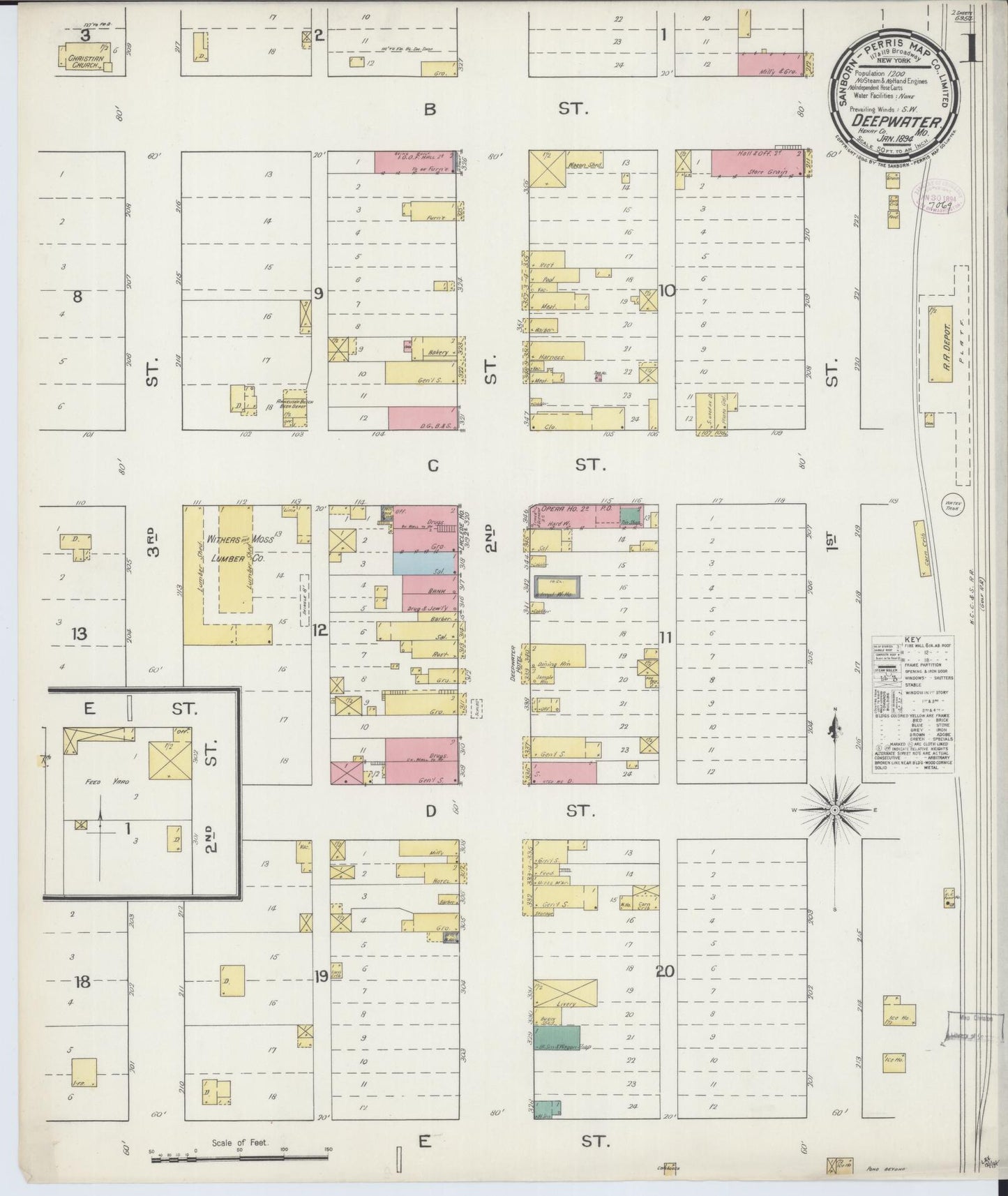 Sanborn Fire Insurance Map from Deepwater, Henry County, Missouri (1894), Sheet #0001 - Historic Sanborn Fire Insurance Map Print, vintage old map wall art, antique decor, genealogy gift, Missouri Missouri map