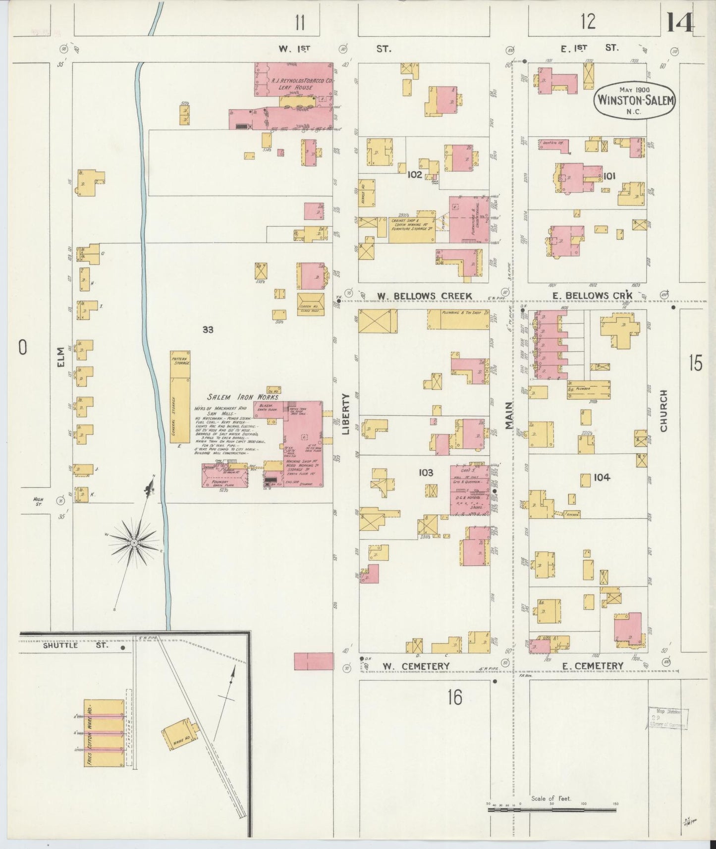 Sanborn Fire Insurance Map from Winston-Salem, Forsyth County, North Carolina (1900), Sheet #0014 - Historic Sanborn Fire Insurance Map Print, vintage old map wall art, antique decor, genealogy gift, North Carolina North Carolina map