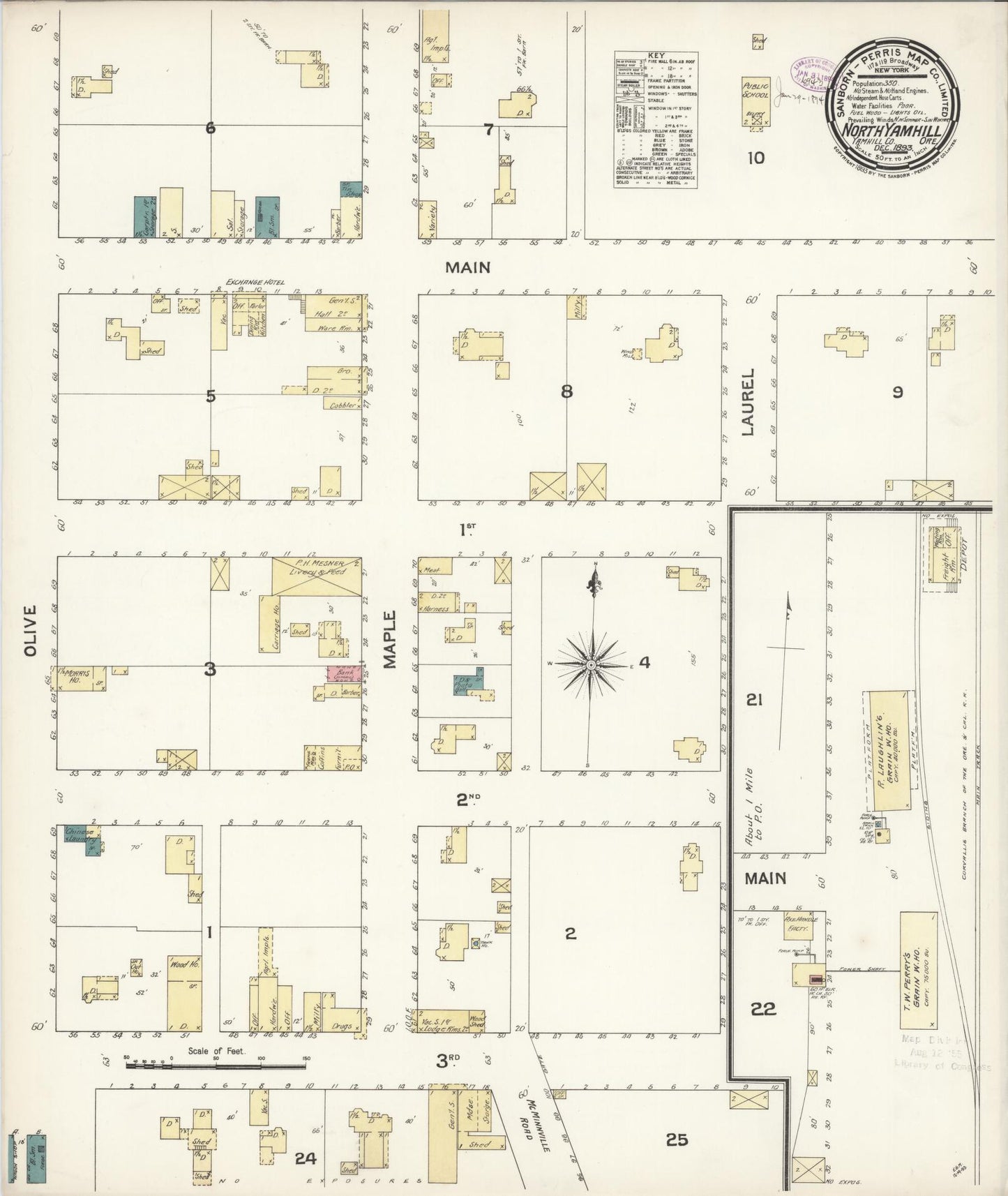 Sanborn Fire Insurance Map from North Yamhill, Yamhill County, Oregon (1893), Sheet #0001 - Historic Sanborn Fire Insurance Map Print, vintage old map wall art, antique decor, genealogy gift, Oregon Oregon map