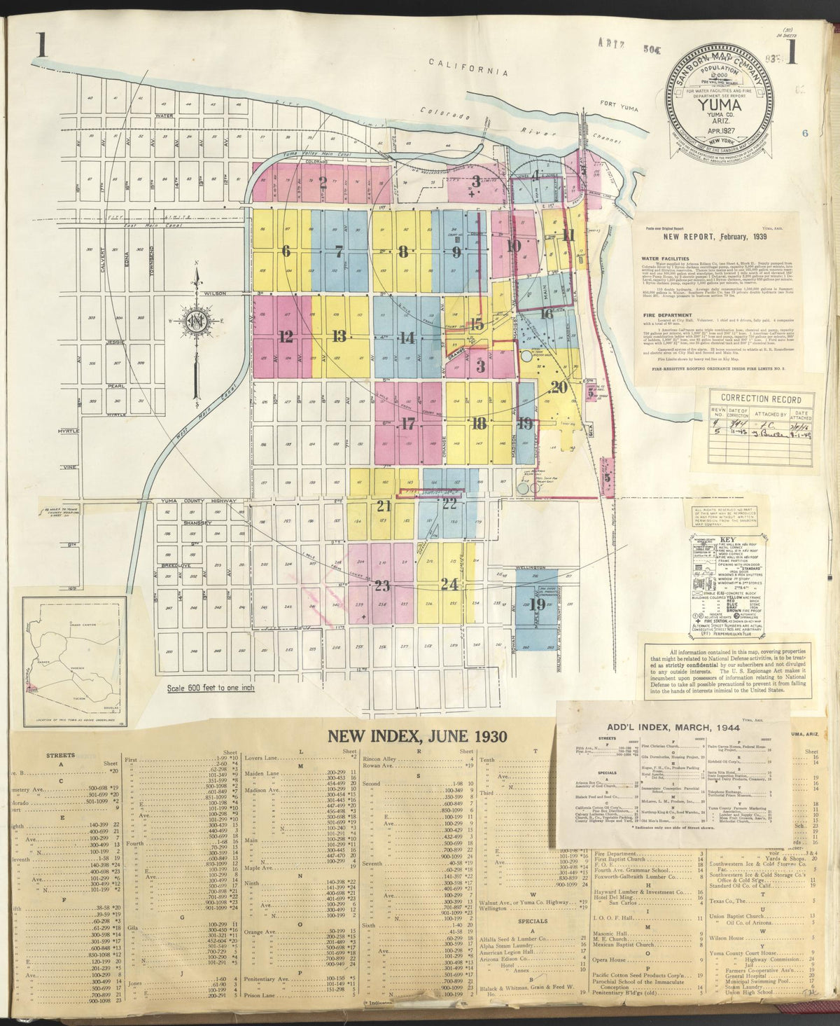 Sanborn Fire Insurance Map from Yuma, Yuma County, Arizona (1948), Sheet #0001 - Historic Sanborn Fire Insurance Map Print, vintage old map wall art, antique decor, genealogy gift, Arizona Arizona map