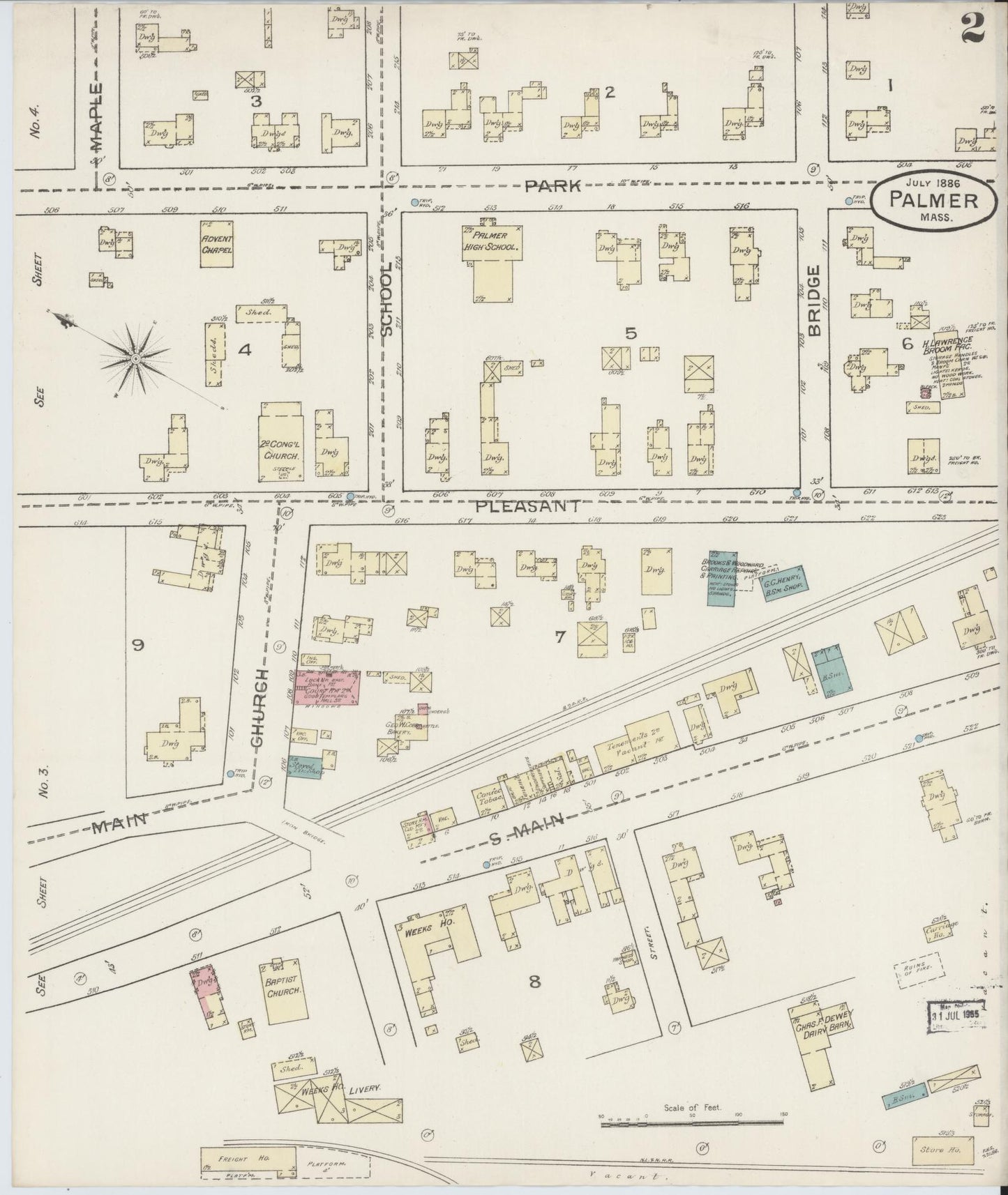 Sanborn Fire Insurance Map from Palmer, Hampden County, Massachusetts (1886), Sheet #0002 - Historic Sanborn Fire Insurance Map Print, vintage old map wall art, antique decor, genealogy gift, Massachusetts Massachusetts map