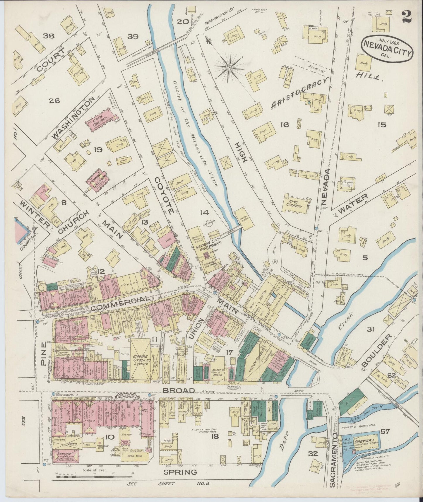 Sanborn Fire Insurance Map from Nevada City, Nevada County, California (1885), Sheet #0002 - Historic Sanborn Fire Insurance Map Print, vintage old map wall art, antique decor, genealogy gift, Nevada City Nevada map