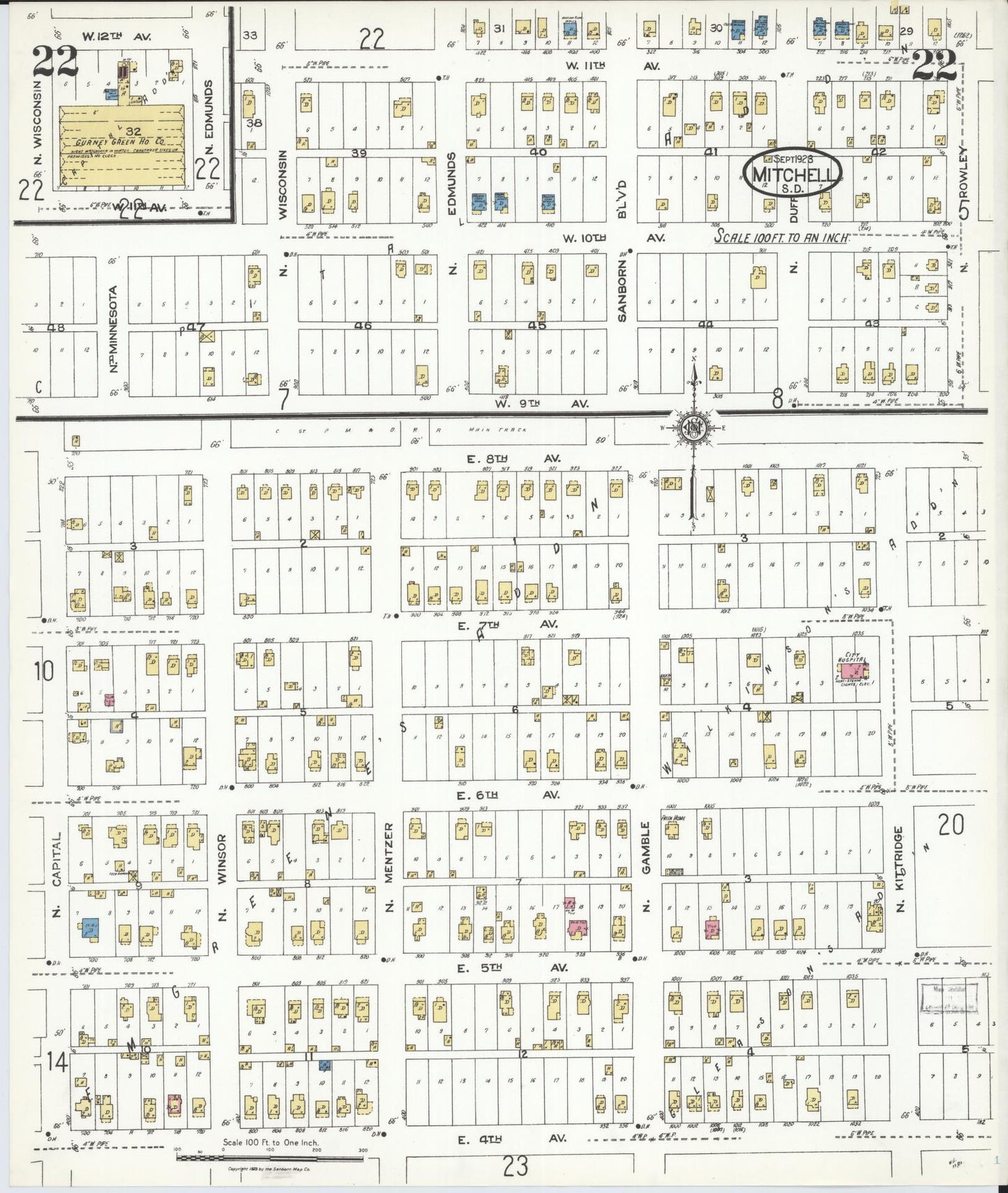 Sanborn Fire Insurance Map from Mitchell, Davison County, South Dakota (1923), Sheet #0022 - Historic Sanborn Fire Insurance Map Print, vintage old map wall art, antique decor, genealogy gift, South Dakota South Dakota map