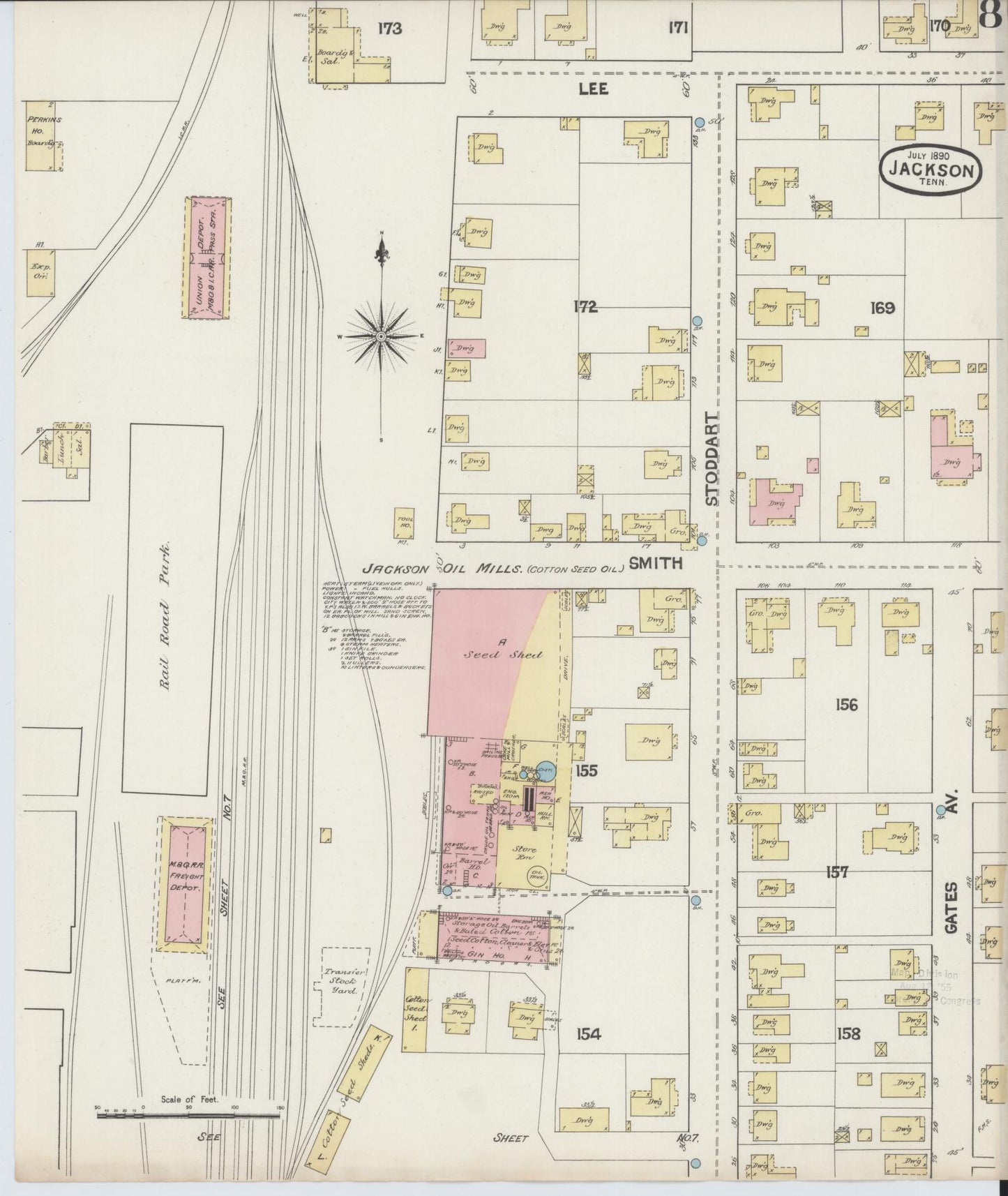 Sanborn Fire Insurance Map from Jackson, Madison County, Tennessee (1890), Sheet #0008 - Historic Sanborn Fire Insurance Map Print, vintage old map wall art, antique decor, genealogy gift, Tennessee Tennessee map