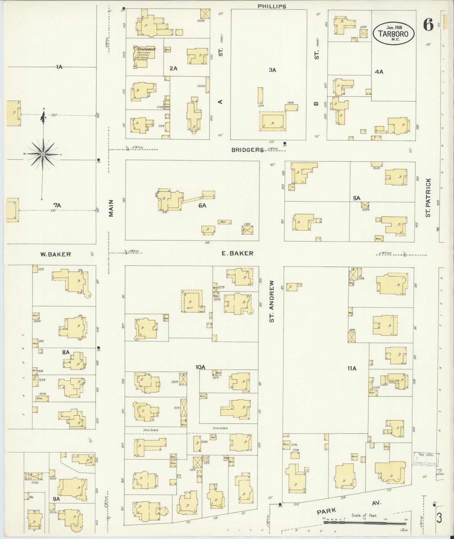 Sanborn Fire Insurance Map from Tarboro, Edgecombe County, North Carolina (1908), Sheet #0006 - Historic Sanborn Fire Insurance Map Print, vintage old map wall art, antique decor, genealogy gift, North Carolina North Carolina map