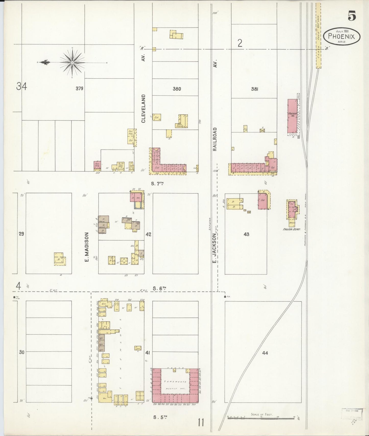 Sanborn Fire Insurance Map from Phoenix, Maricopa County, Arizona (1901), Sheet #0005 - Historic Sanborn Fire Insurance Map Print, vintage old map wall art, antique decor, genealogy gift, Arizona Arizona map