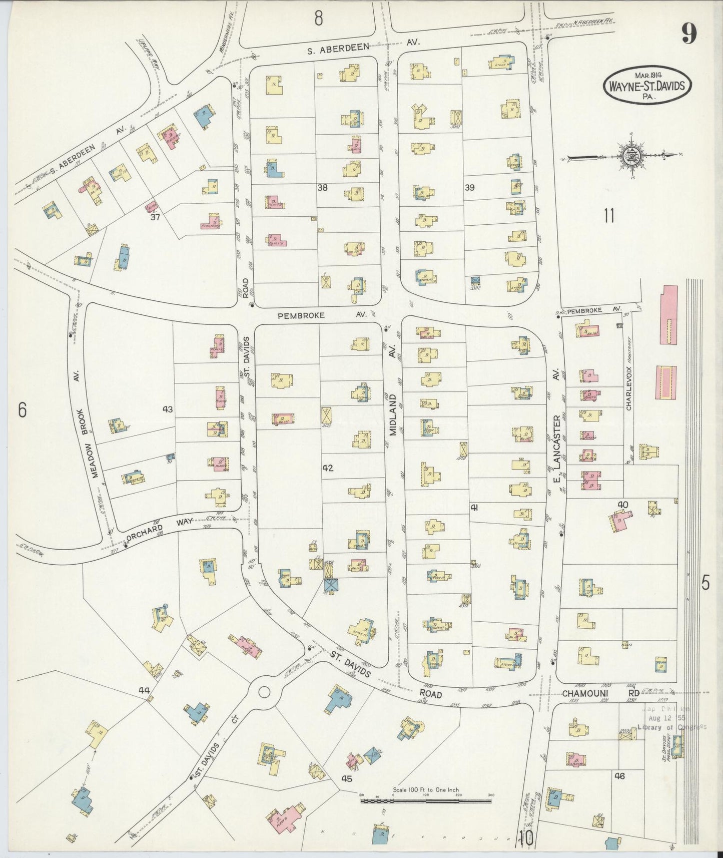 Sanborn Fire Insurance Map from Wayne, Delaware County, Pennsylvania (1914), Sheet #0009 - Historic Sanborn Fire Insurance Map Print, vintage old map wall art, antique decor, genealogy gift, Wayne Delaware map