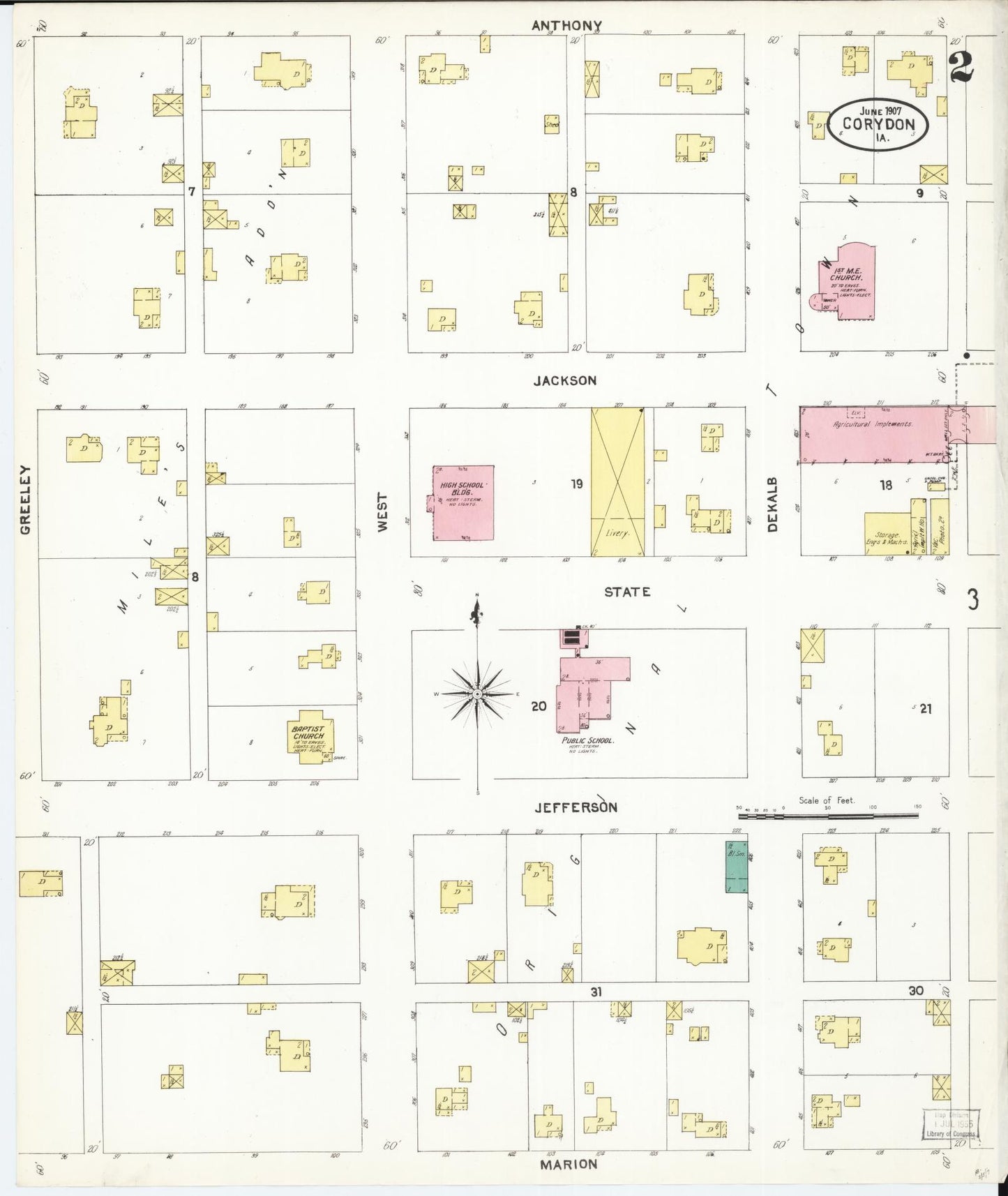Sanborn Fire Insurance Map from Corydon, Wayne County, Iowa (1907), Sheet #0002 - Historic Sanborn Fire Insurance Map Print, vintage old map wall art