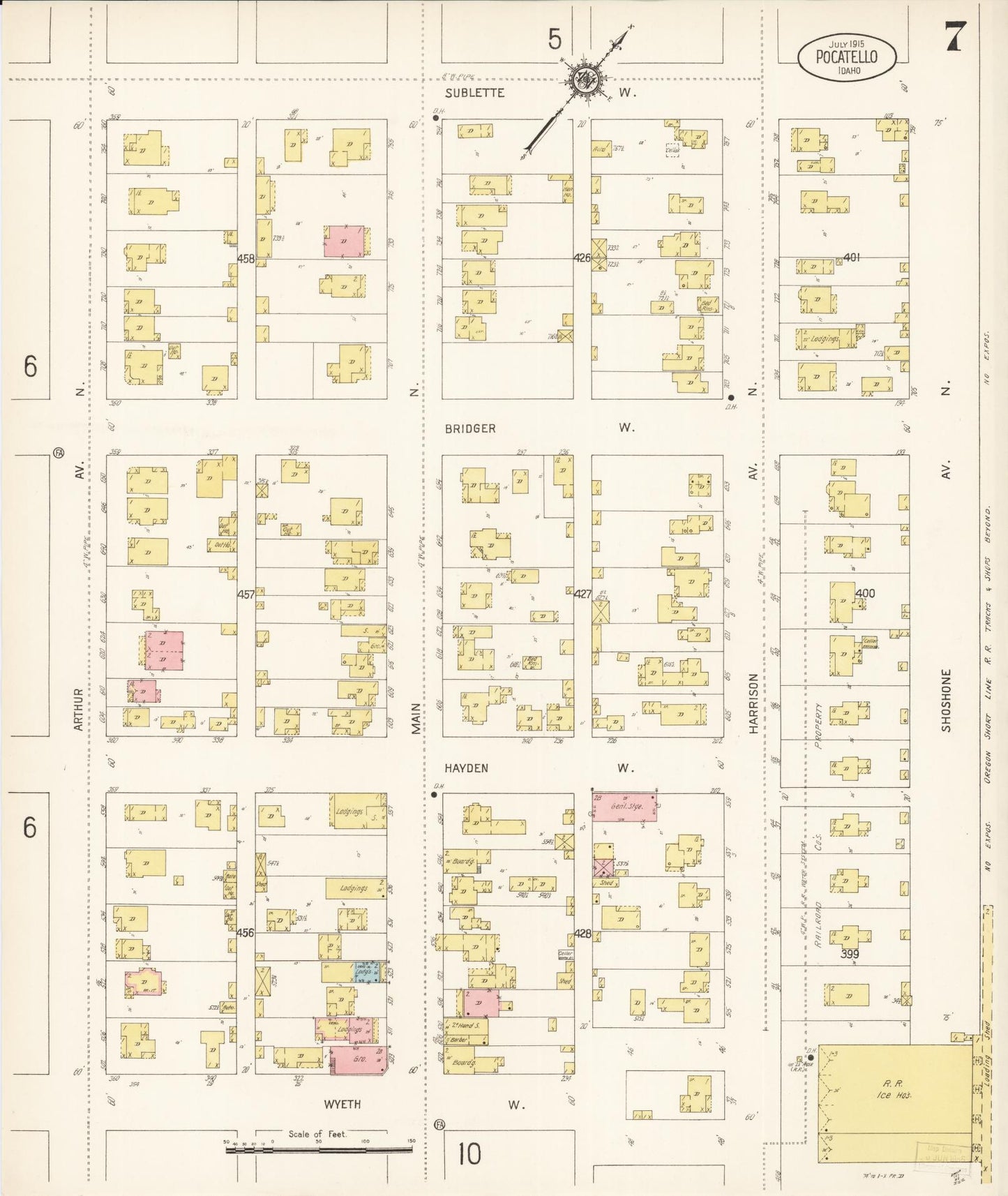 Sanborn Fire Insurance Map from Pocatello, Bannock County, Idaho (1915), Sheet #0007 - Historic Sanborn Fire Insurance Map Print, vintage old map wall art, antique decor, genealogy gift, Idaho Idaho map