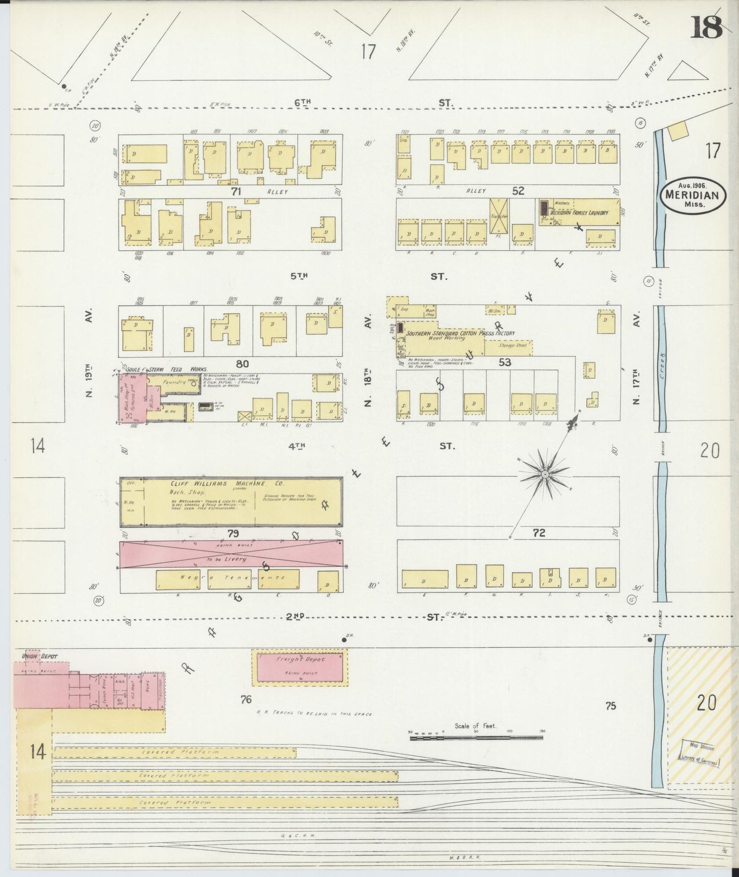 Sanborn Fire Insurance Map from Meridian, Lauderdale County, Mississippi (1906), Sheet #0018 - Historic Sanborn Fire Insurance Map Print, vintage old map wall art, antique decor, genealogy gift, Mississippi Mississippi map