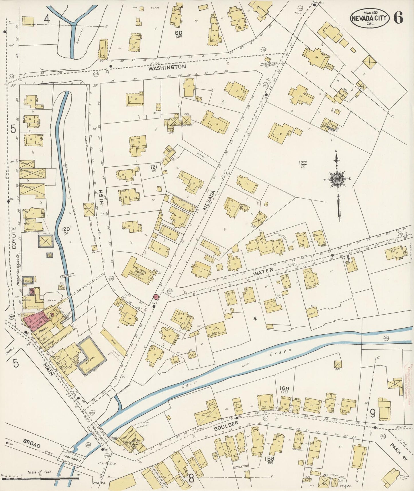 Sanborn Fire Insurance Map from Nevada City, Nevada County, California (1912), Sheet #0006 - Historic Sanborn Fire Insurance Map Print, vintage old map wall art, antique decor, genealogy gift, Nevada City Nevada map