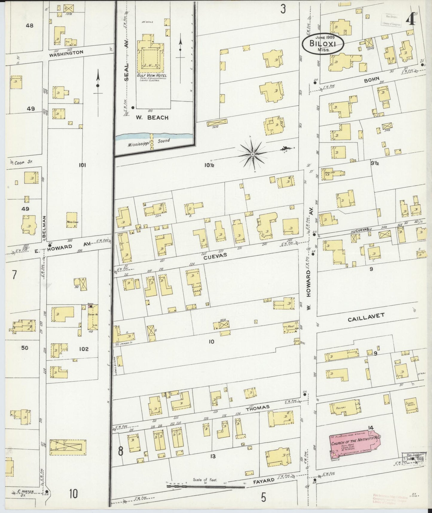 Sanborn Fire Insurance Map from Biloxi, Harrison County, Mississippi (1909), Sheet #0004 - Historic Sanborn Fire Insurance Map Print, vintage old map wall art, antique decor, genealogy gift, Mississippi Mississippi map