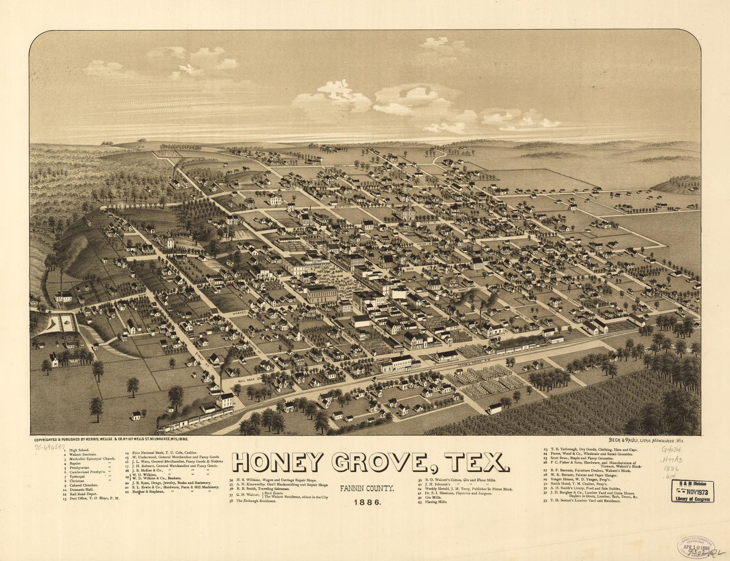 Honey Grove, Tex. Fannin County 1886. (1886) – Historic Bird’s-Eye View Panorama Print