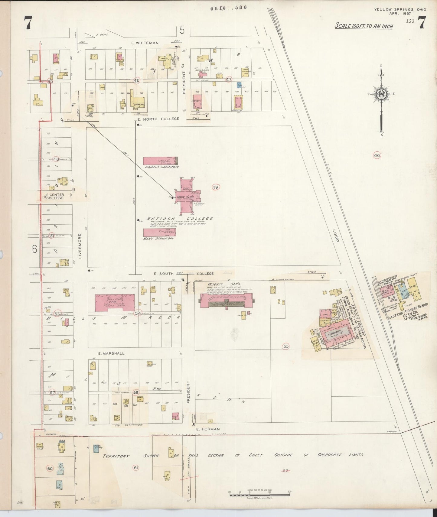 Sanborn Fire Insurance Map from Yellow Springs, Greene County, Ohio (1945), Sheet #0007 - Complete Map Set gallery image, historic Sanborn map, vintage wall art, Ohio Ohio