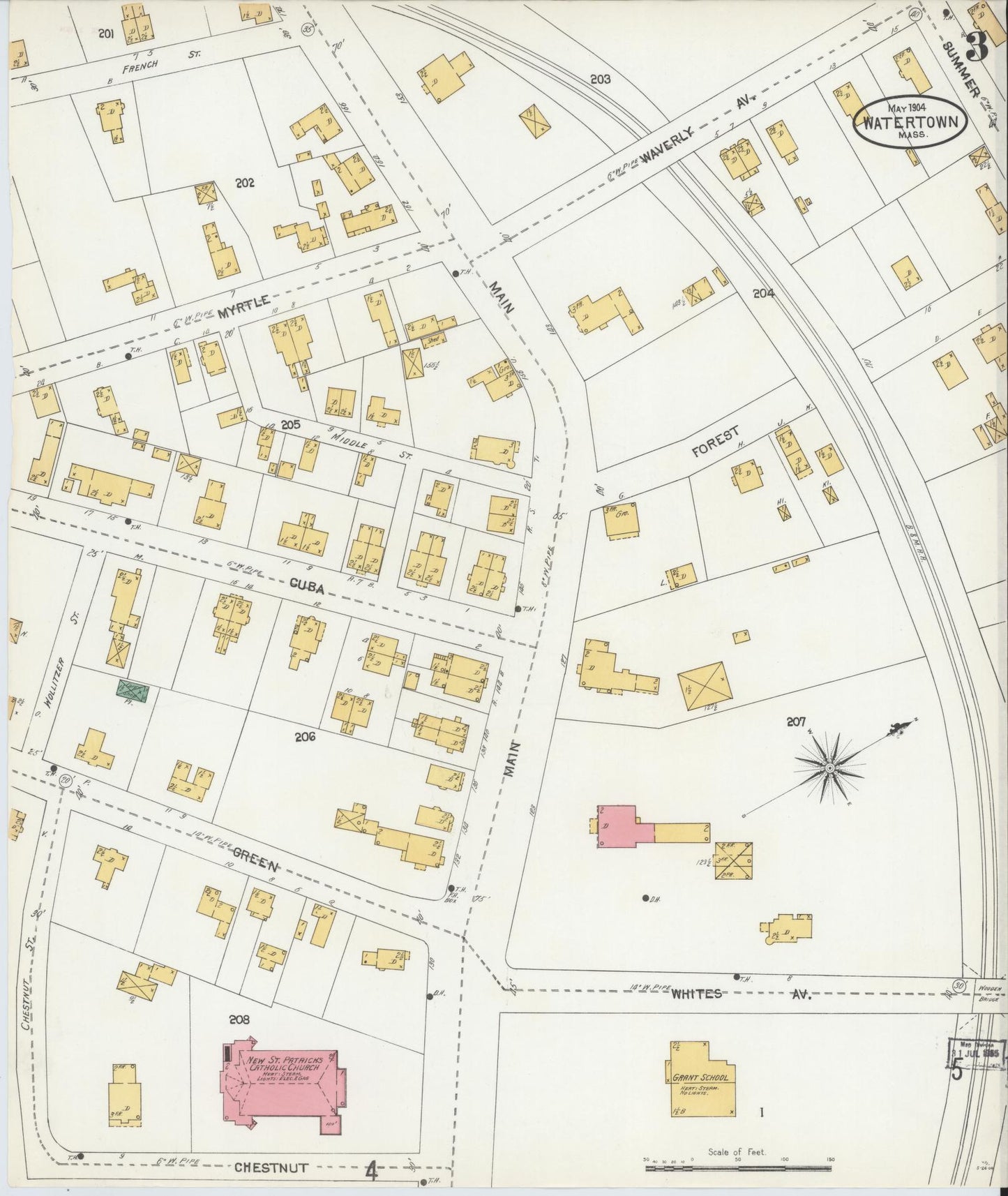 Sanborn Fire Insurance Map from Watertown, Middlesex County, Massachusetts (1904), Sheet #0003 - Historic Sanborn Fire Insurance Map Print, vintage old map wall art, antique decor, genealogy gift, Massachusetts Massachusetts map