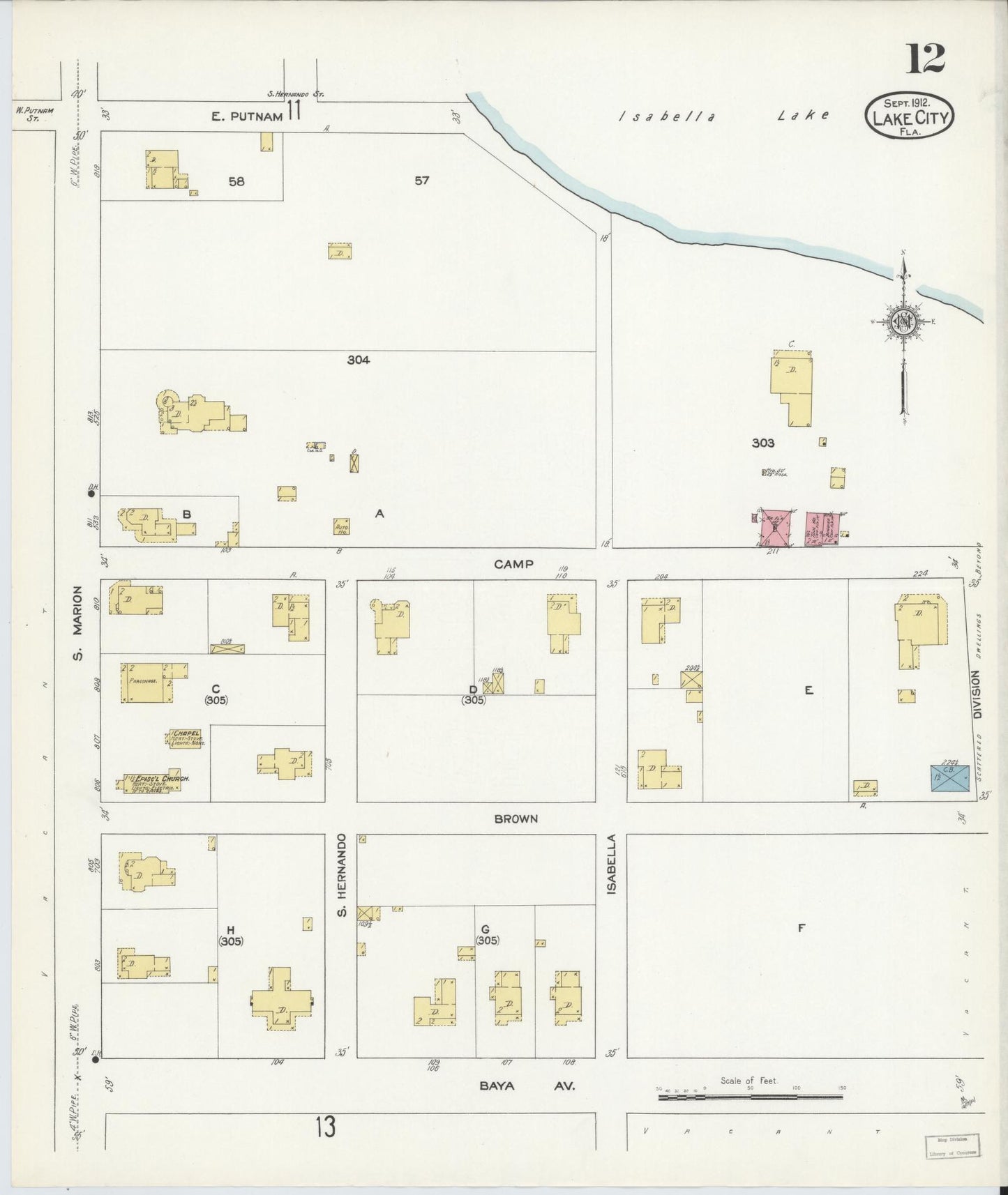 Sanborn Fire Insurance Map from Lake City, Columbia County, Florida (1912), Sheet #0012 - Historic Sanborn Fire Insurance Map Print, vintage old map wall art, antique decor, genealogy gift, Florida Florida map