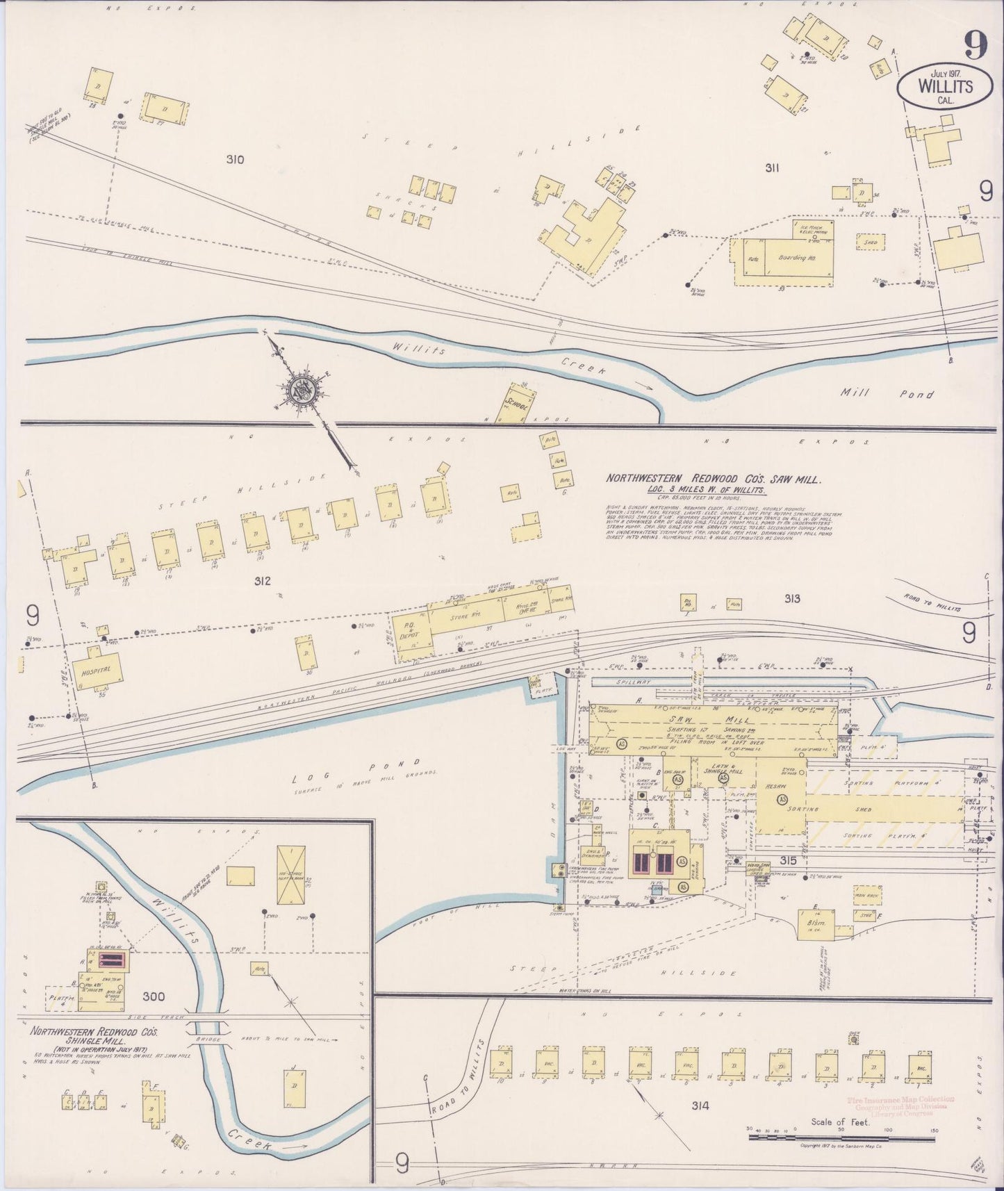 Sanborn Fire Insurance Map from Willits, Mendocino County, California (1917), Sheet #0009 - Complete Map Set gallery image, historic Sanborn map, vintage wall art, California California