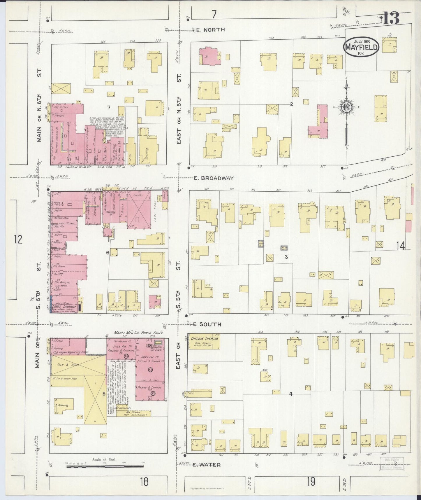 Sanborn Fire Insurance Map from Mayfield, Graves County, Kentucky (1916), Sheet #0013 - Historic Sanborn Fire Insurance Map Print, vintage old map wall art, antique decor, genealogy gift, Kentucky Kentucky map