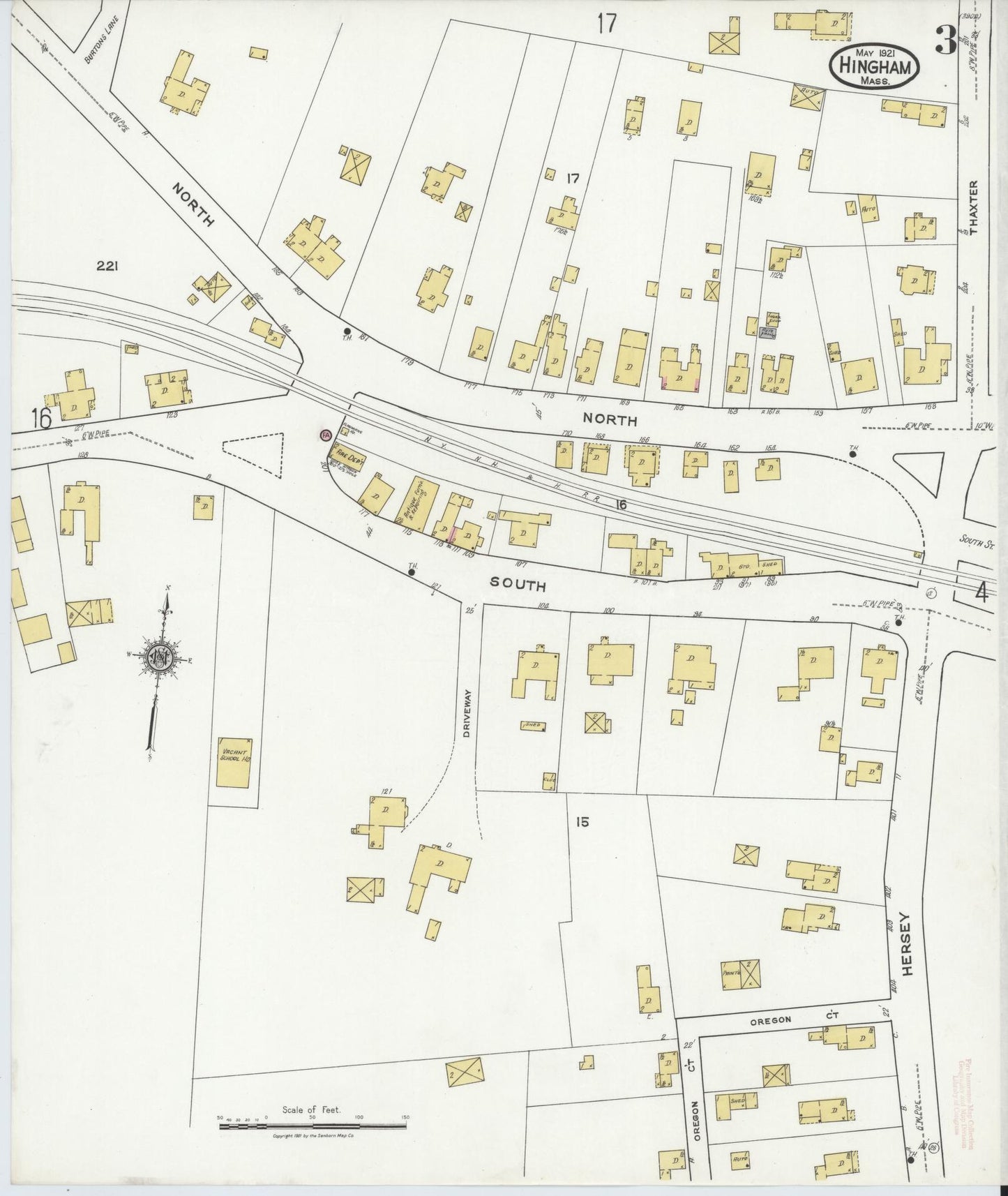 Sanborn Fire Insurance Map from Hingham, Plymouth County, Massachusetts (1921), Sheet #0003 - Historic Sanborn Fire Insurance Map Print, vintage old map wall art, antique decor, genealogy gift, Massachusetts Massachusetts map