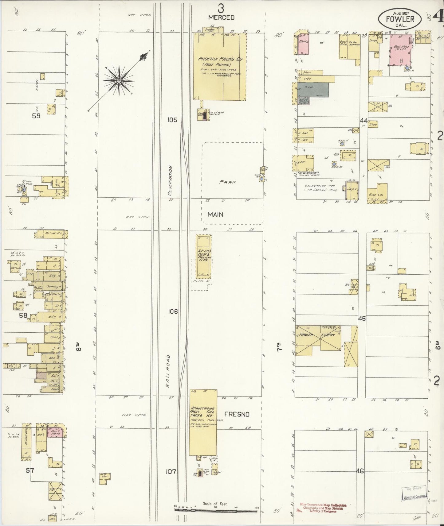 Sanborn Fire Insurance Map from Fowler, Fresno County, California (1907), Sheet #0004 - Historic Sanborn Fire Insurance Map Print, vintage old map wall art, antique decor, genealogy gift, California California map