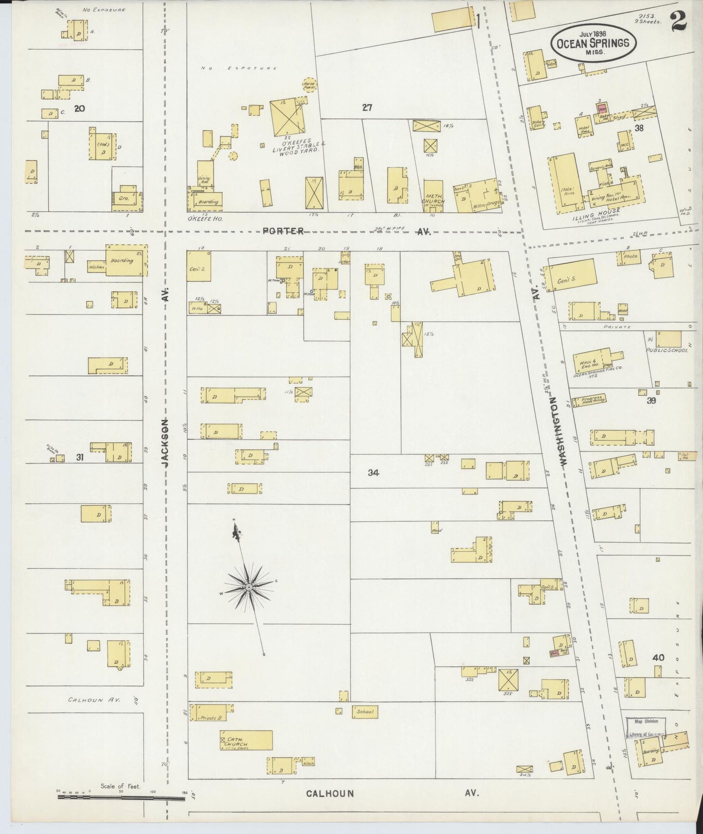 Sanborn Fire Insurance Map from Ocean Springs, Jackson County, Mississippi (1898), Sheet #0002 - Complete Map Set gallery image, historic Sanborn map, vintage wall art, Mississippi Mississippi