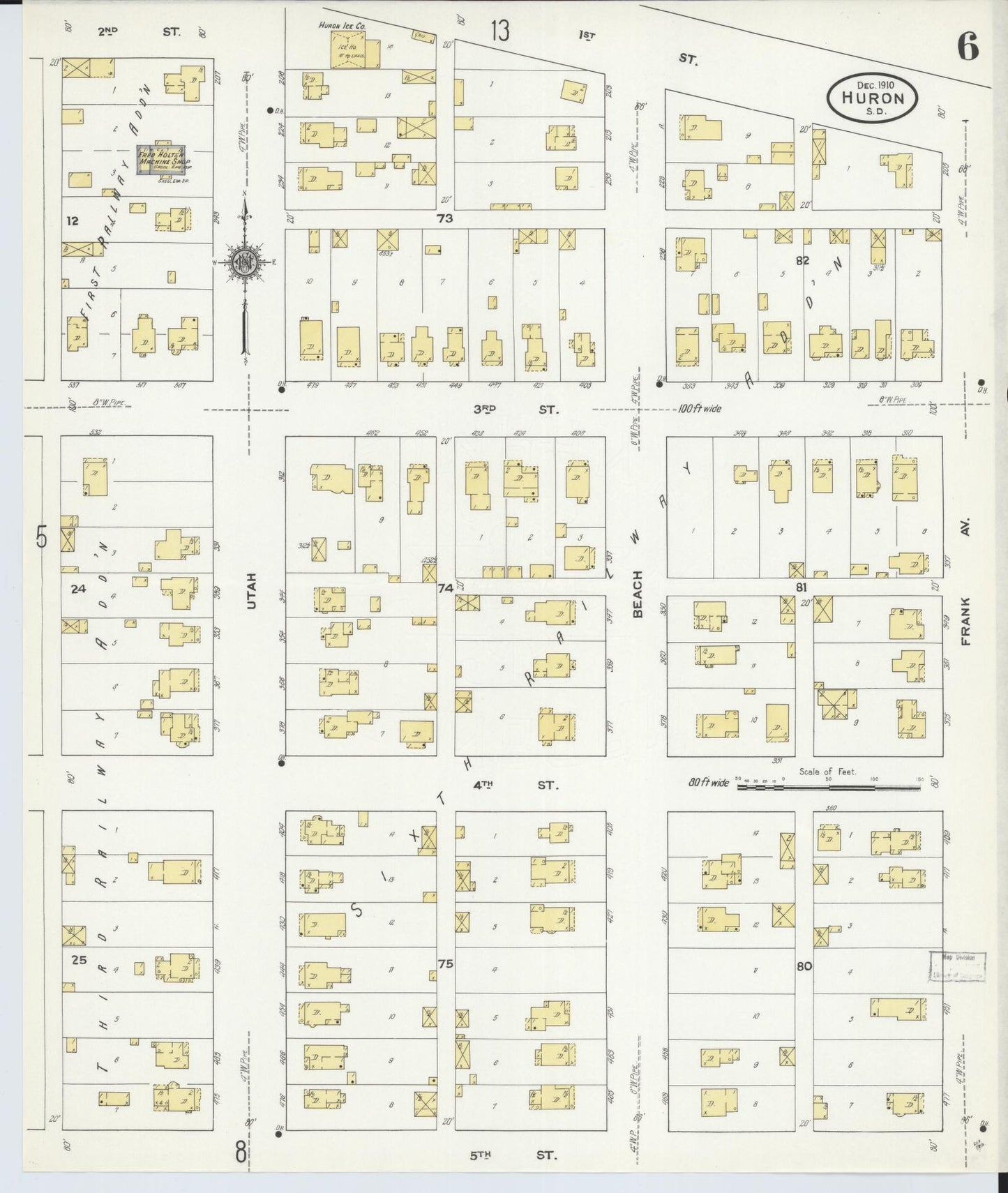 Sanborn Fire Insurance Map from Huron, Beadle County, South Dakota (1910), Sheet #0006 - Historic Sanborn Fire Insurance Map Print, vintage old map wall art, antique decor, genealogy gift, South Dakota South Dakota map