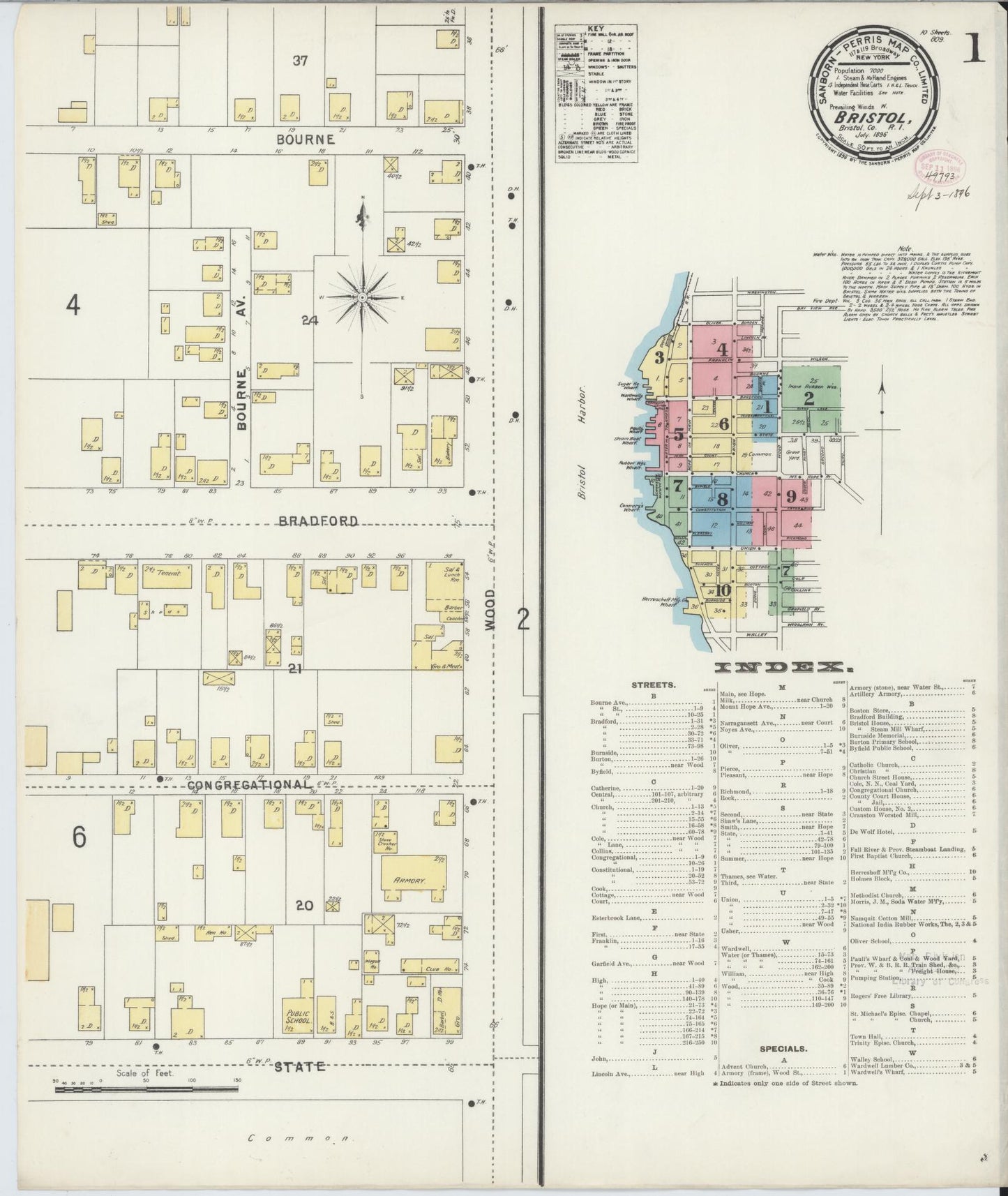 Sanborn Fire Insurance Map from Bristol, Bristol County, Rhode Island (1896), Sheet #0001 - Historic Sanborn Fire Insurance Map Print, vintage old map wall art, antique decor, genealogy gift, Rhode Island Rhode Island map