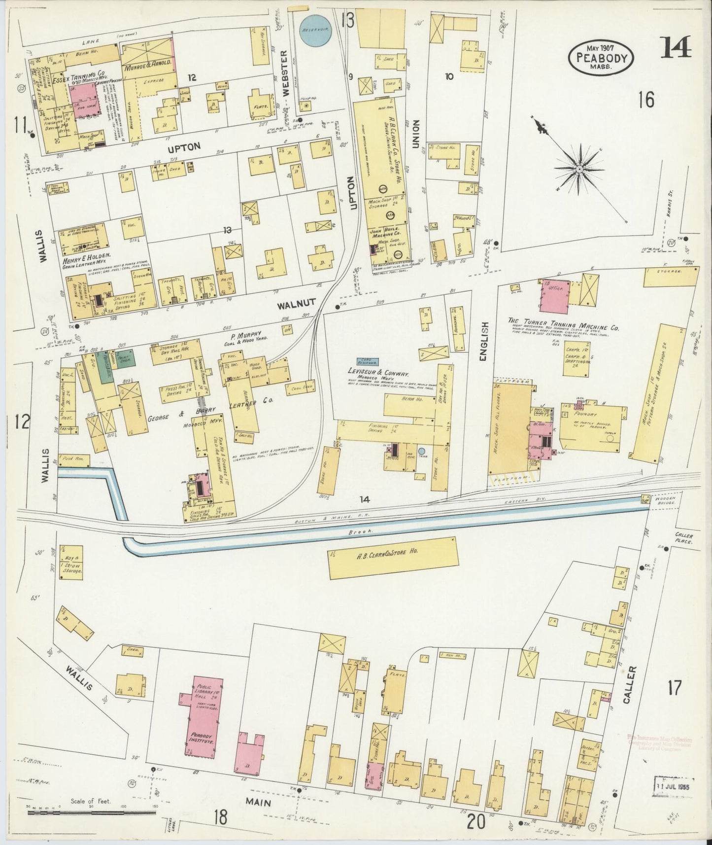 Sanborn Fire Insurance Map from Peabody, Essex County, Massachusetts (1907), Sheet #0014 - Historic Sanborn Fire Insurance Map Print, vintage old map wall art, antique decor, genealogy gift, Massachusetts Massachusetts map