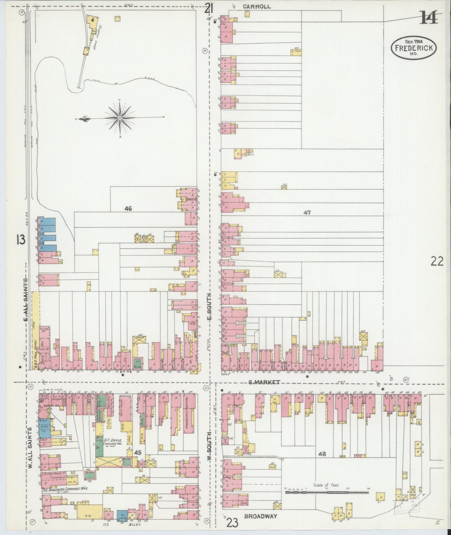 Frederick, Maryland - 1904 - Sanborn Fire Insurance Map, Sheet #0014 - Historic Sanborn Fire Insurance Map Print, Frederick Maryland 1904 0014 vintage old map wall art