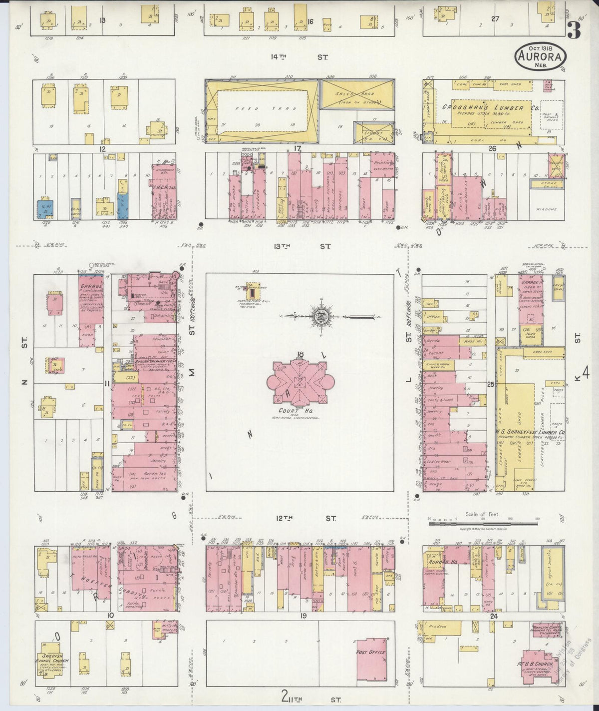 Sanborn Fire Insurance Map from Aurora, Hamilton County, Nebraska (1918), Sheet #0003 - Historic Sanborn Fire Insurance Map Print, vintage old map wall art, antique decor, genealogy gift, Nebraska Nebraska map