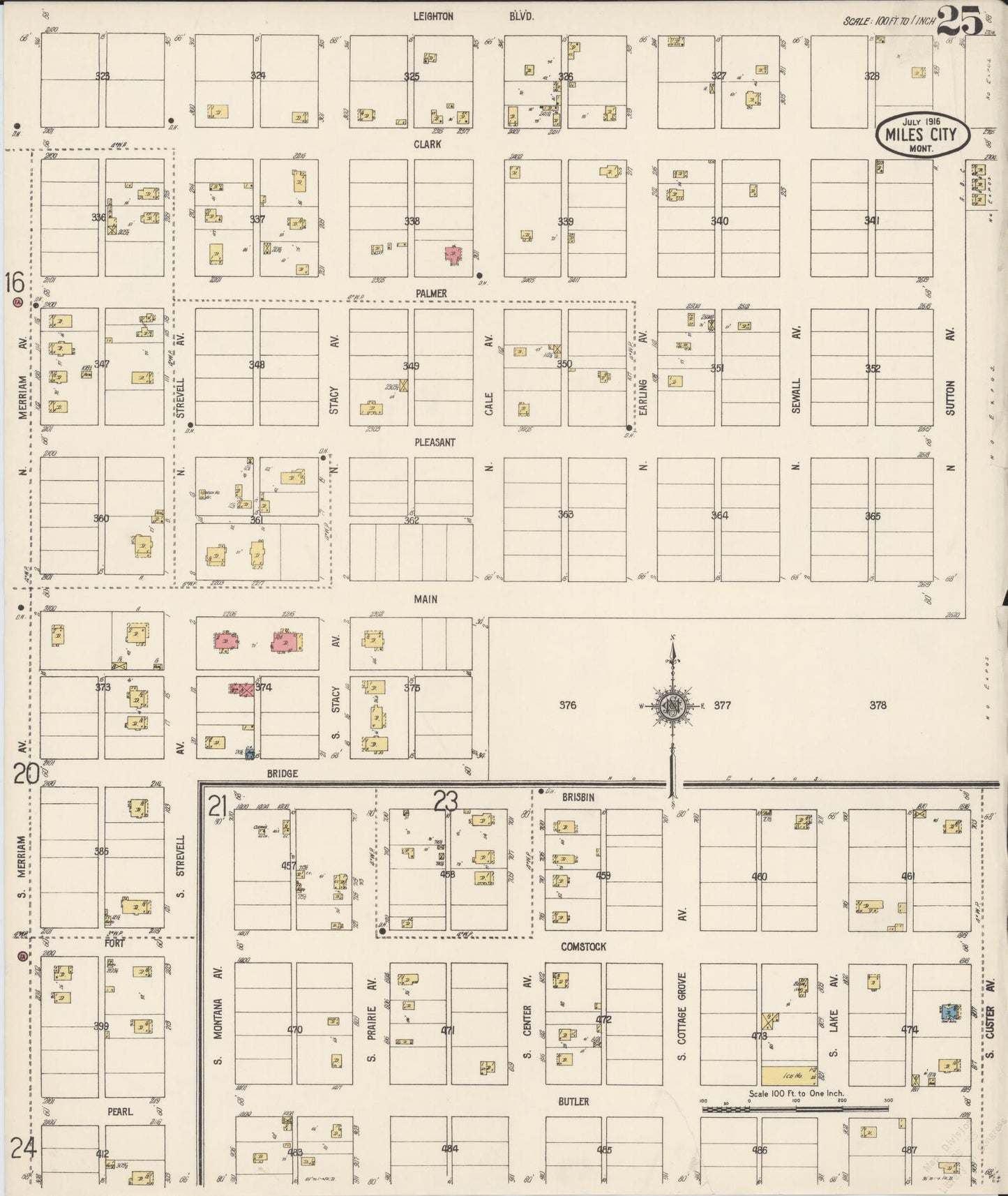 Sanborn Fire Insurance Map from Miles City, Custer County, Montana (1916), Sheet #0025 - Historic Sanborn Fire Insurance Map Print, vintage old map wall art, antique decor, genealogy gift, Montana Montana map