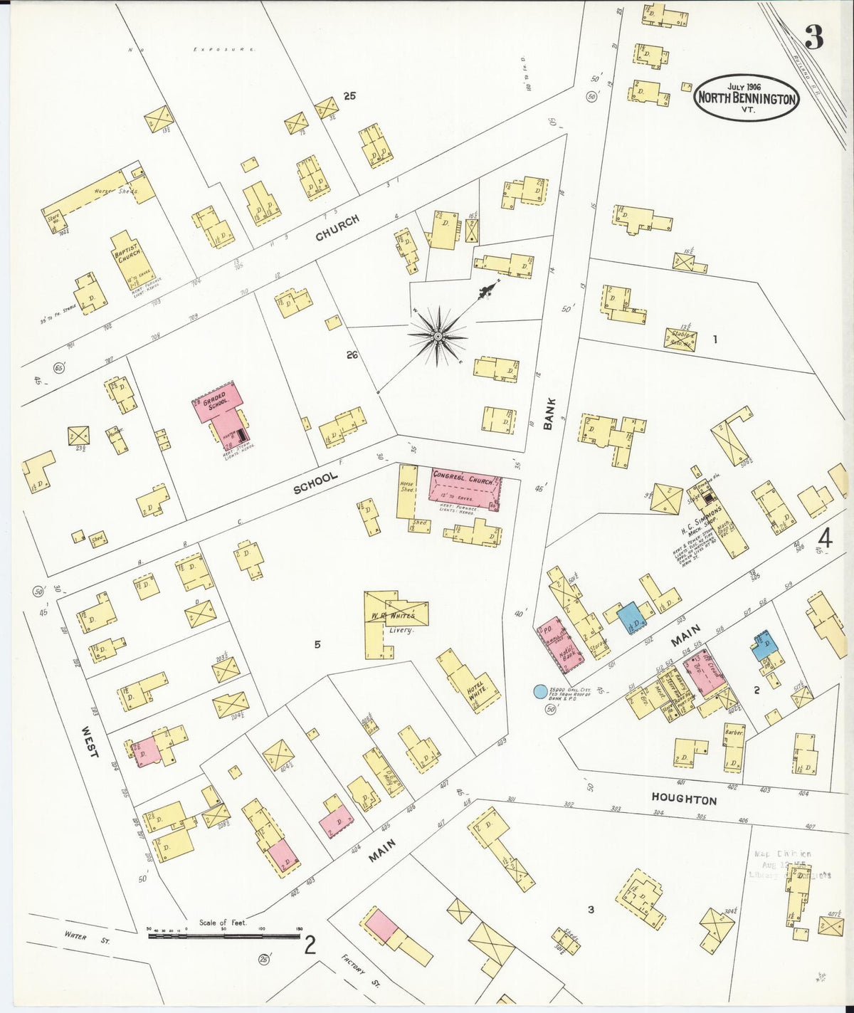 Sanborn Fire Insurance Map from North Bennington, Bennington County, Vermont (1906), Sheet #0003 - Historic Sanborn Fire Insurance Map Print, vintage old map wall art, antique decor, genealogy gift, Vermont Vermont map