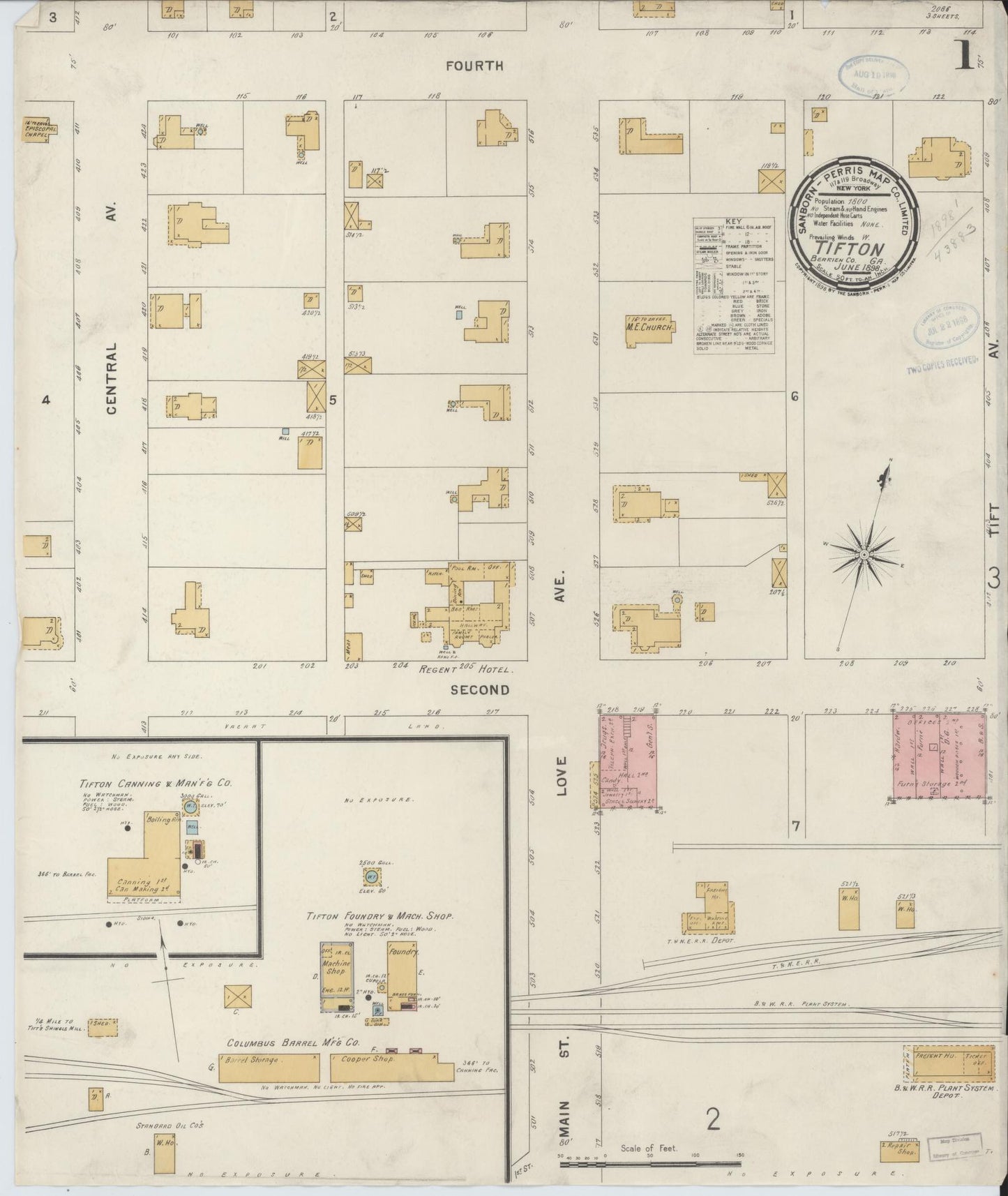 Sanborn Fire Insurance Map from Tifton, Tift County, Georgia (1898), Sheet #0001 - Historic Sanborn Fire Insurance Map Print, vintage old map wall art, antique decor, genealogy gift, Georgia Georgia map
