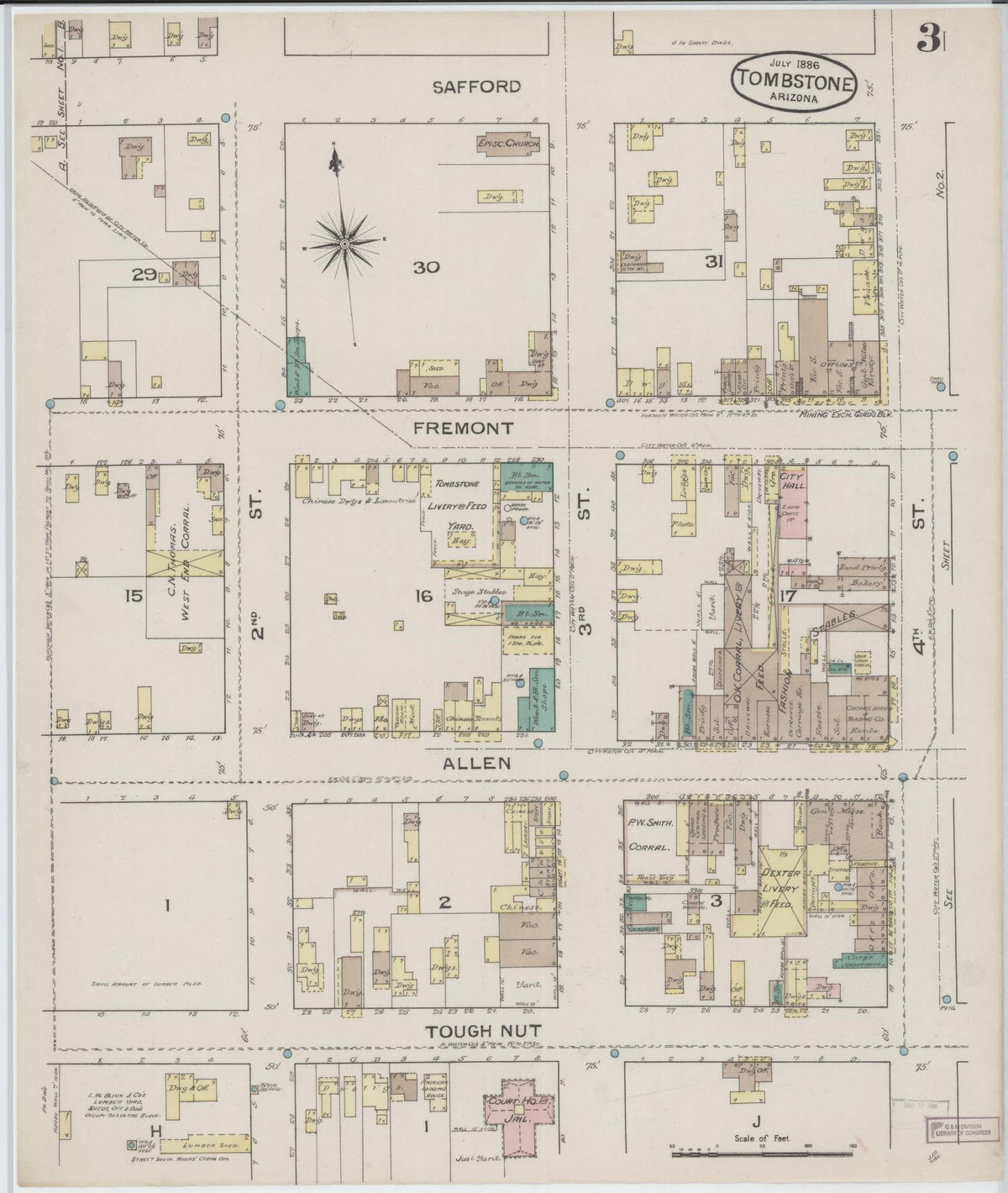 Sanborn Fire Insurance Map from Tombstone, Cochise County, Arizona (1886), Sheet #0003 - Historic Sanborn Fire Insurance Map Print, vintage old map wall art, antique decor, genealogy gift, Arizona Arizona map