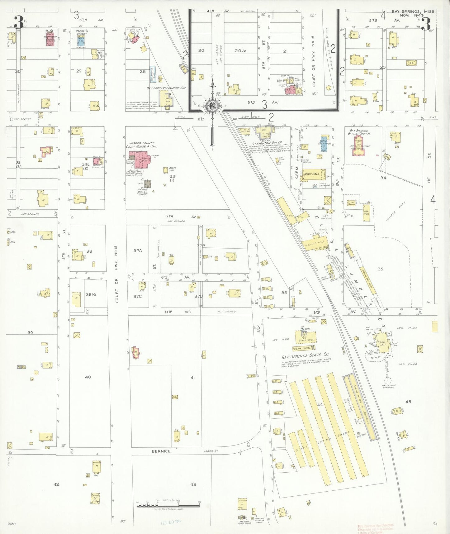 Sanborn Fire Insurance Map from Bay Springs, Jasper County, Mississippi (1943), Sheet #0003 - Historic Sanborn Fire Insurance Map Print, vintage old map wall art, antique decor, genealogy gift, Mississippi Mississippi map