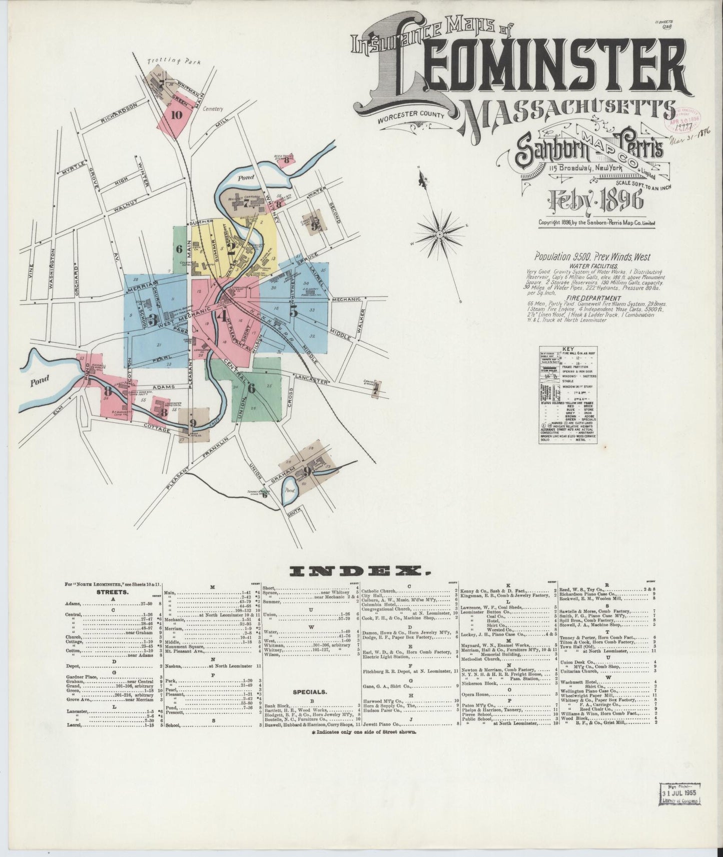 Sanborn Fire Insurance Map from Leominster, Worcester County, Massachusetts. (1896) – Historic Sanborn Fire Insurance Map Print