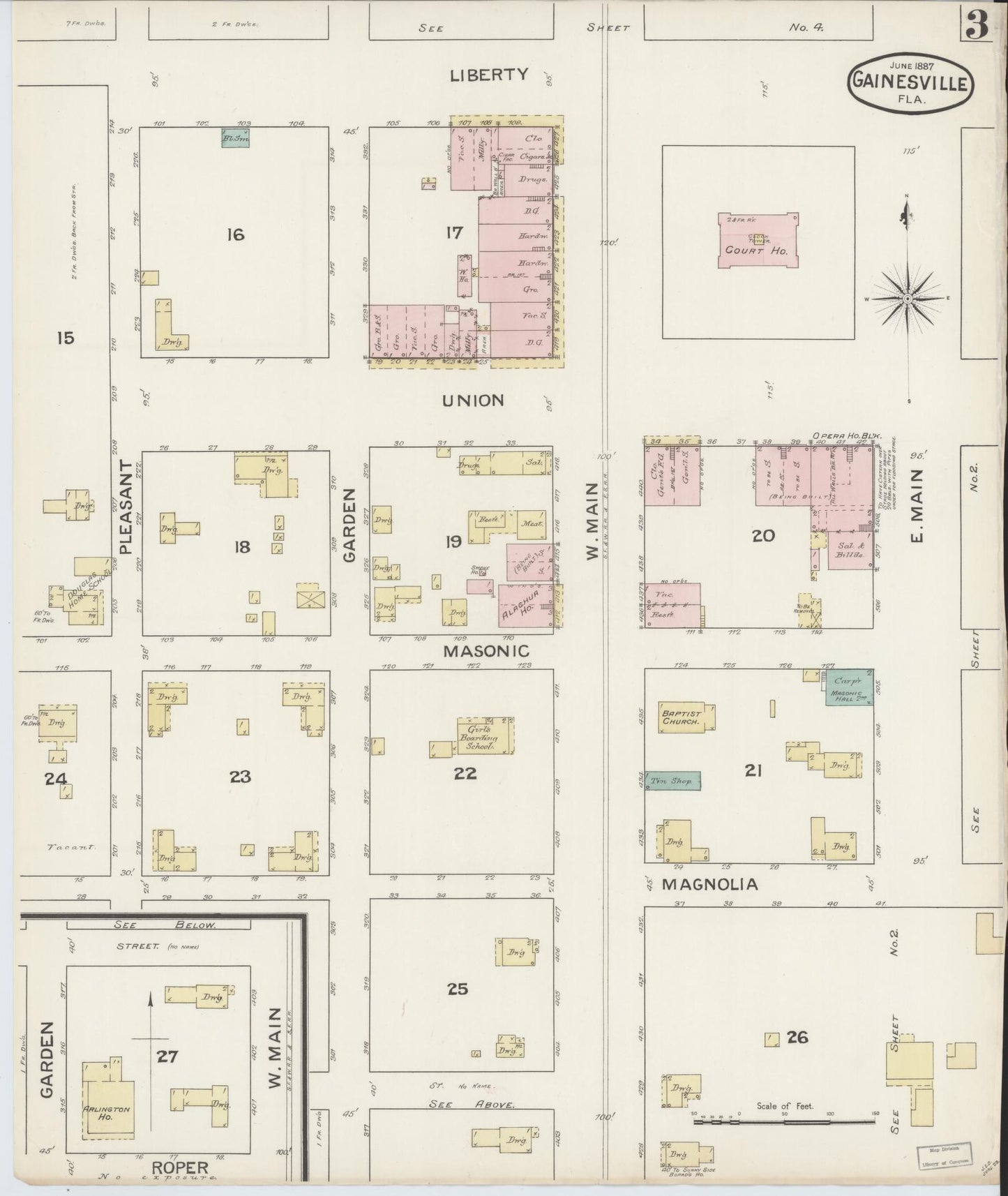 Sanborn Fire Insurance Map from Gainesville, Alachua County, Florida (1887), Sheet #0003 - Historic Sanborn Fire Insurance Map Print, vintage old map wall art, antique decor, genealogy gift, Florida Florida map
