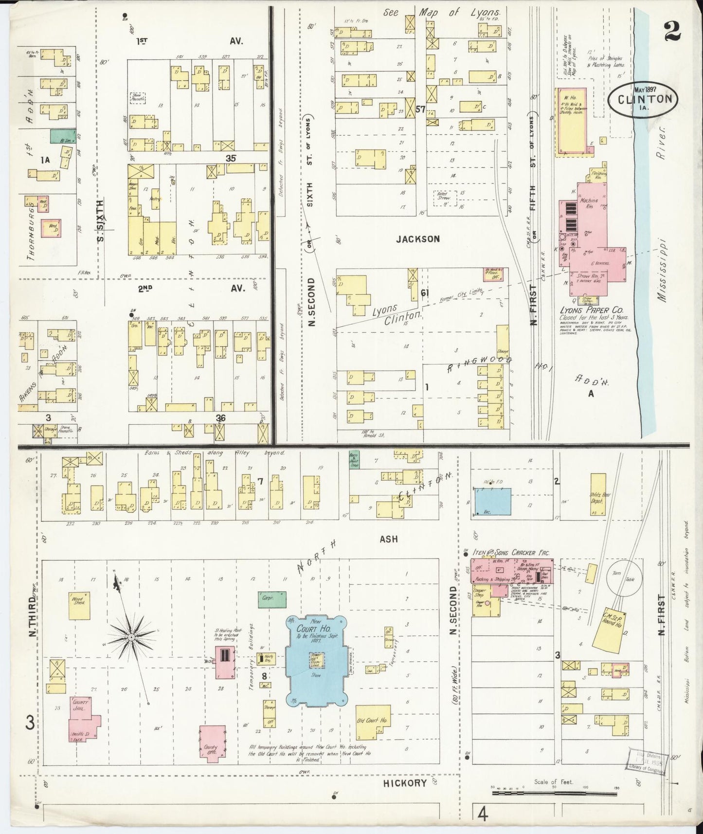 Sanborn Fire Insurance Map from Clinton, Clinton County, Iowa (1897), Sheet #0002 - Historic Sanborn Fire Insurance Map Print, vintage old map wall art