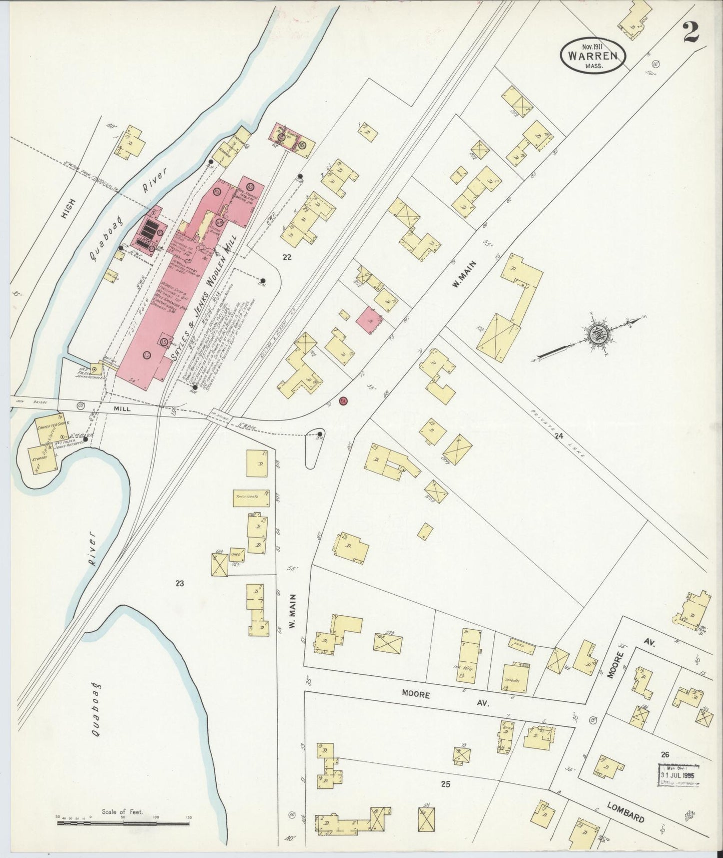 Sanborn Fire Insurance Map from Warren, Worcester County, Massachusetts (1911), Sheet #0002 - Historic Sanborn Fire Insurance Map Print, vintage old map wall art, antique decor, genealogy gift, Massachusetts Massachusetts map