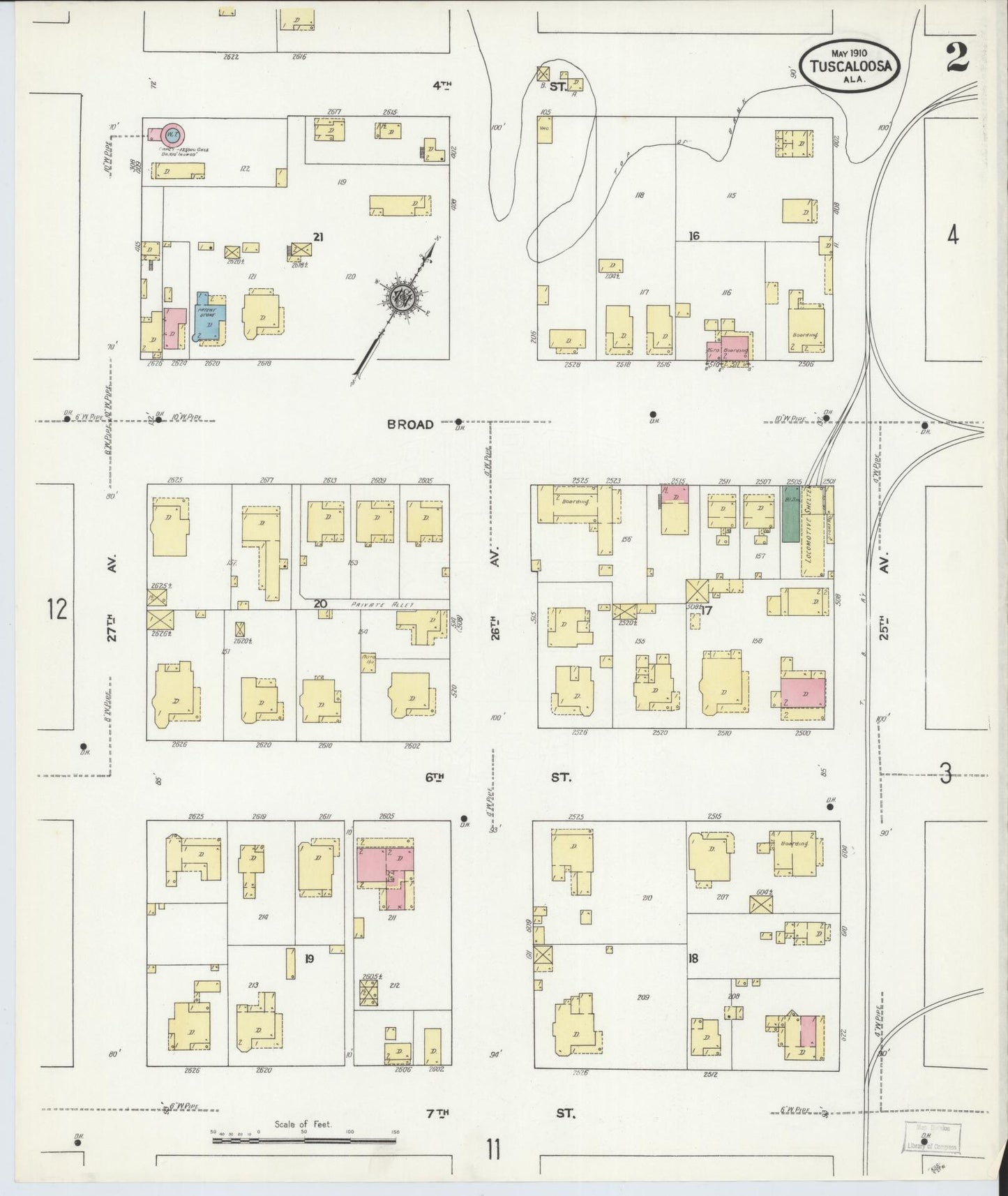 Sanborn Fire Insurance Map from Tuscaloosa, Tuscaloosa County, Alabama (1910), Sheet #0002 - Historic Sanborn Fire Insurance Map Print, vintage old map wall art, antique decor, genealogy gift, Alabama Alabama map
