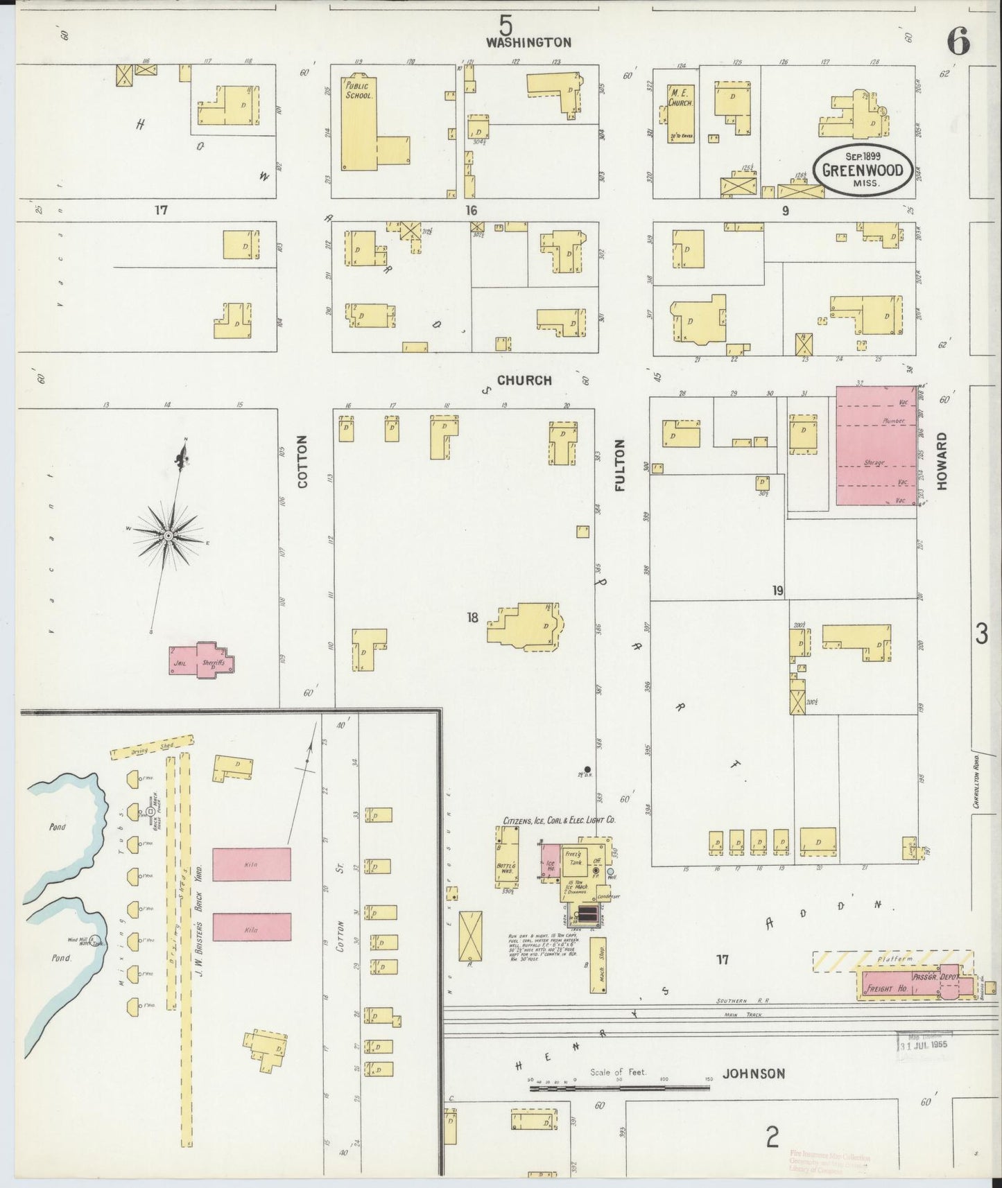 Sanborn Fire Insurance Map from Greenwood, Leflore County, Mississippi (1899), Sheet #0006 - Historic Sanborn Fire Insurance Map Print, vintage old map wall art, antique decor, genealogy gift, Mississippi Mississippi map