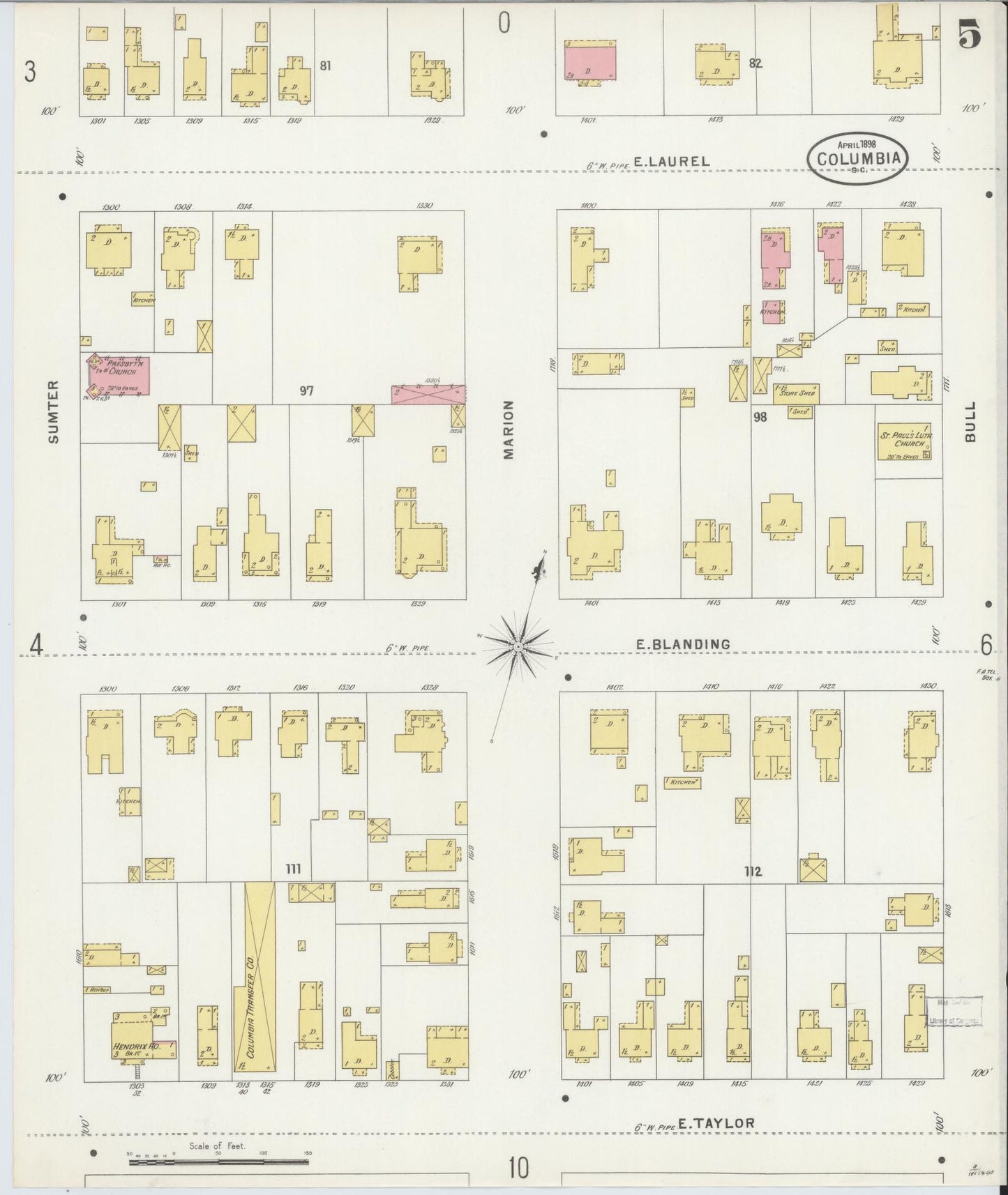 Sanborn Fire Insurance Map from Columbia, Richland County, South Carolina (1898), Sheet #0005 - Historic Sanborn Fire Insurance Map Print, vintage old map wall art, antique decor, genealogy gift, South Carolina South Carolina map