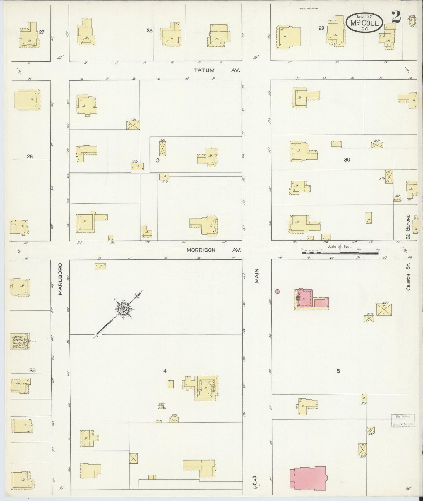 Sanborn Fire Insurance Map from McColl, Marlboro County, South Carolina (1912), Sheet #0002 - Historic Sanborn Fire Insurance Map Print, vintage old map wall art, antique decor, genealogy gift, South Carolina South Carolina map