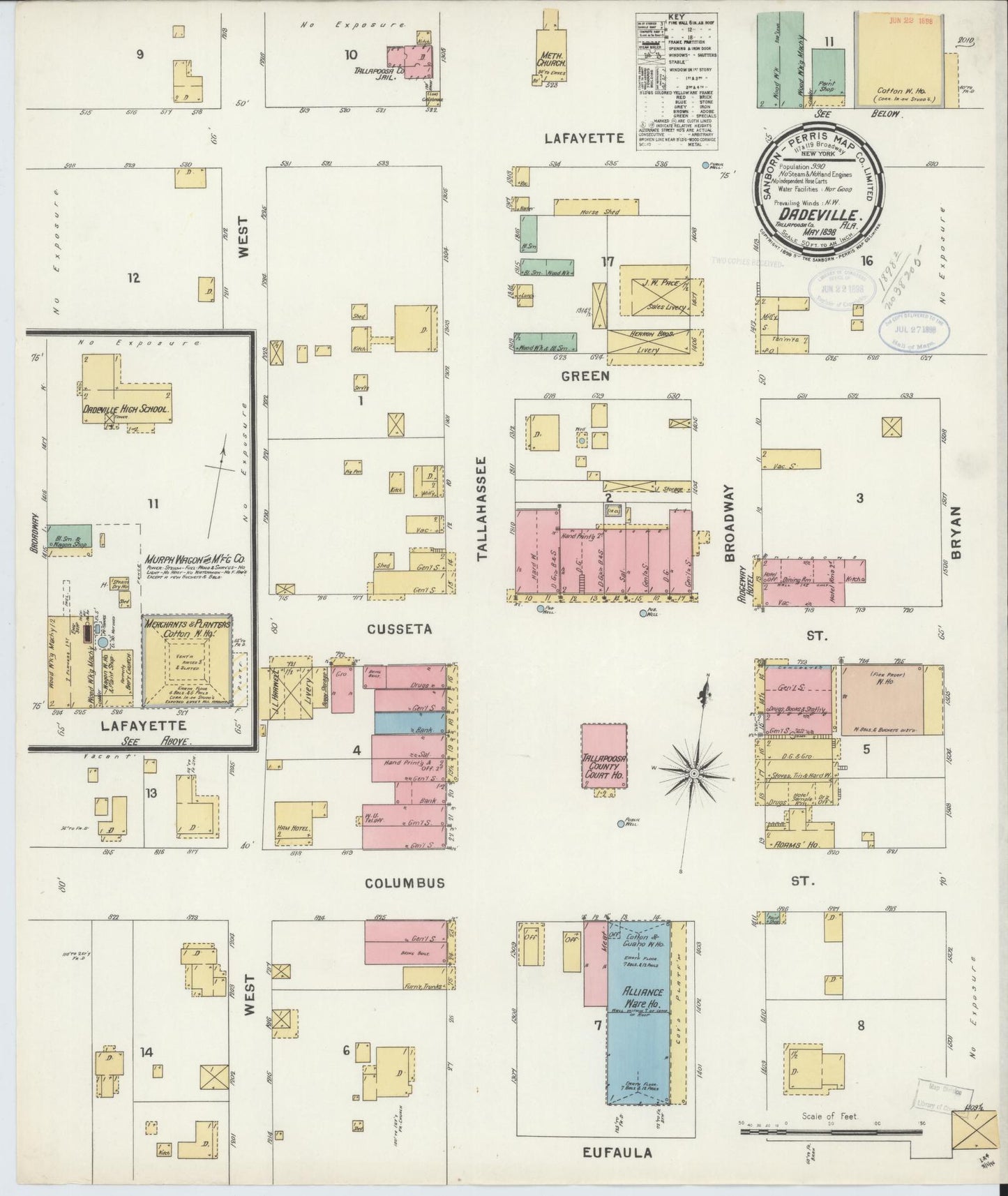 Sanborn Fire Insurance Map from Dadeville, Tallapoosa County, Alabama (1898), Sheet #0001 - Historic Sanborn Fire Insurance Map Print, vintage old map wall art, antique decor, genealogy gift, Alabama Alabama map