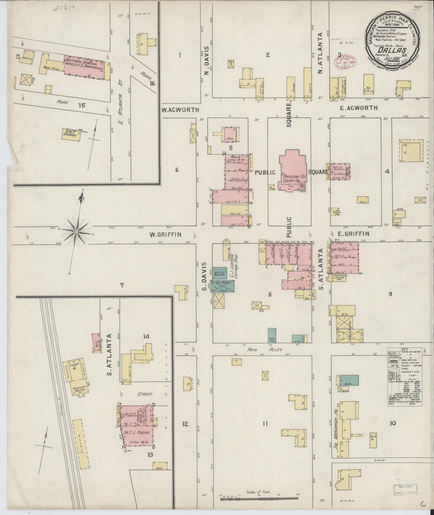 Sanborn Fire Insurance Map from Dallas, Paulding County, Georgia (1895), Sheet #0001 - Historic Sanborn Fire Insurance Map Print, vintage old map wall art, antique decor, genealogy gift, Georgia Georgia map