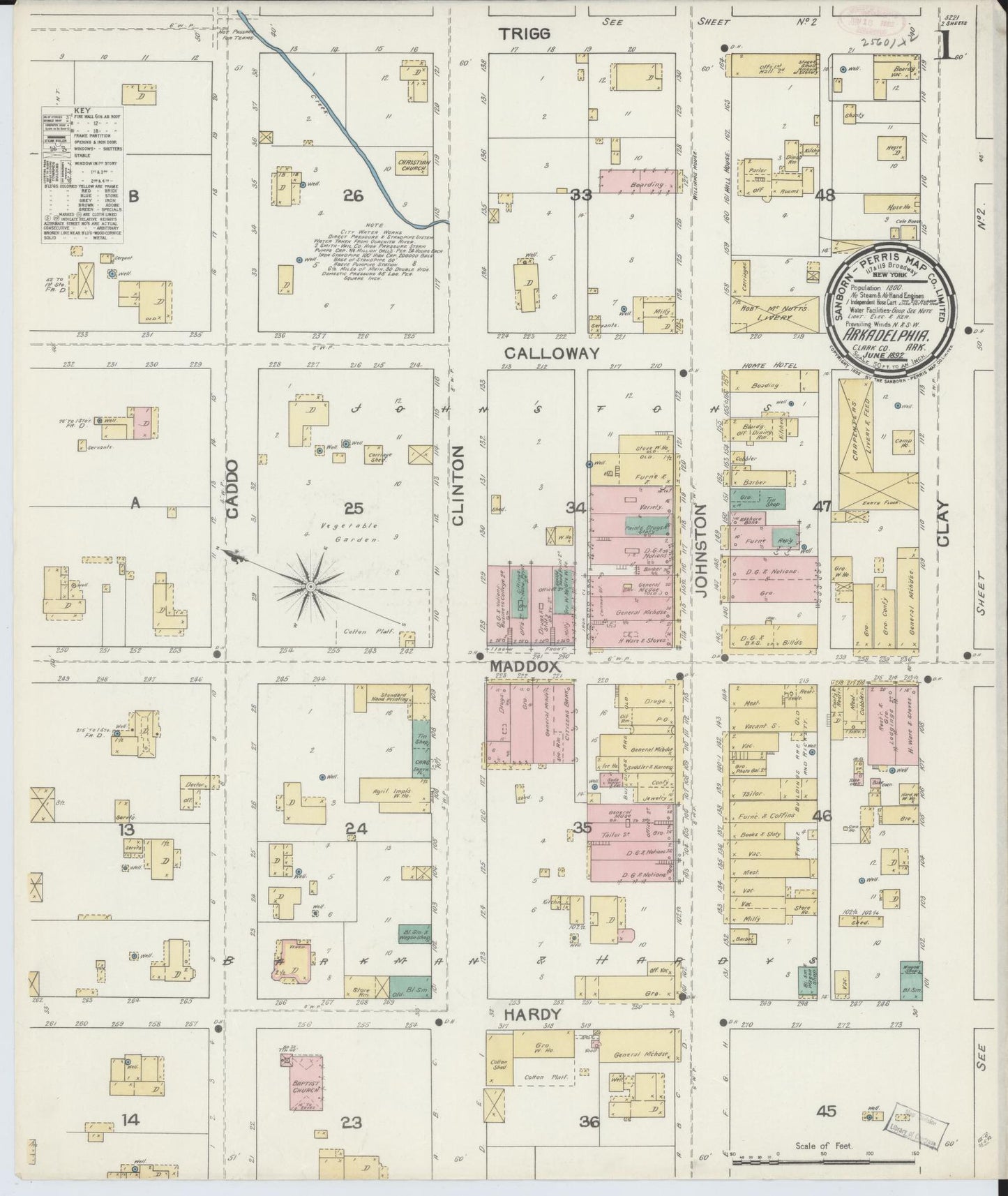 Sanborn Fire Insurance Map from Arkadelphia, Clark County, Arkansas (1892), Sheet #0001 - Historic Sanborn Fire Insurance Map Print, vintage old map wall art, antique decor, genealogy gift, Arkansas Arkansas map