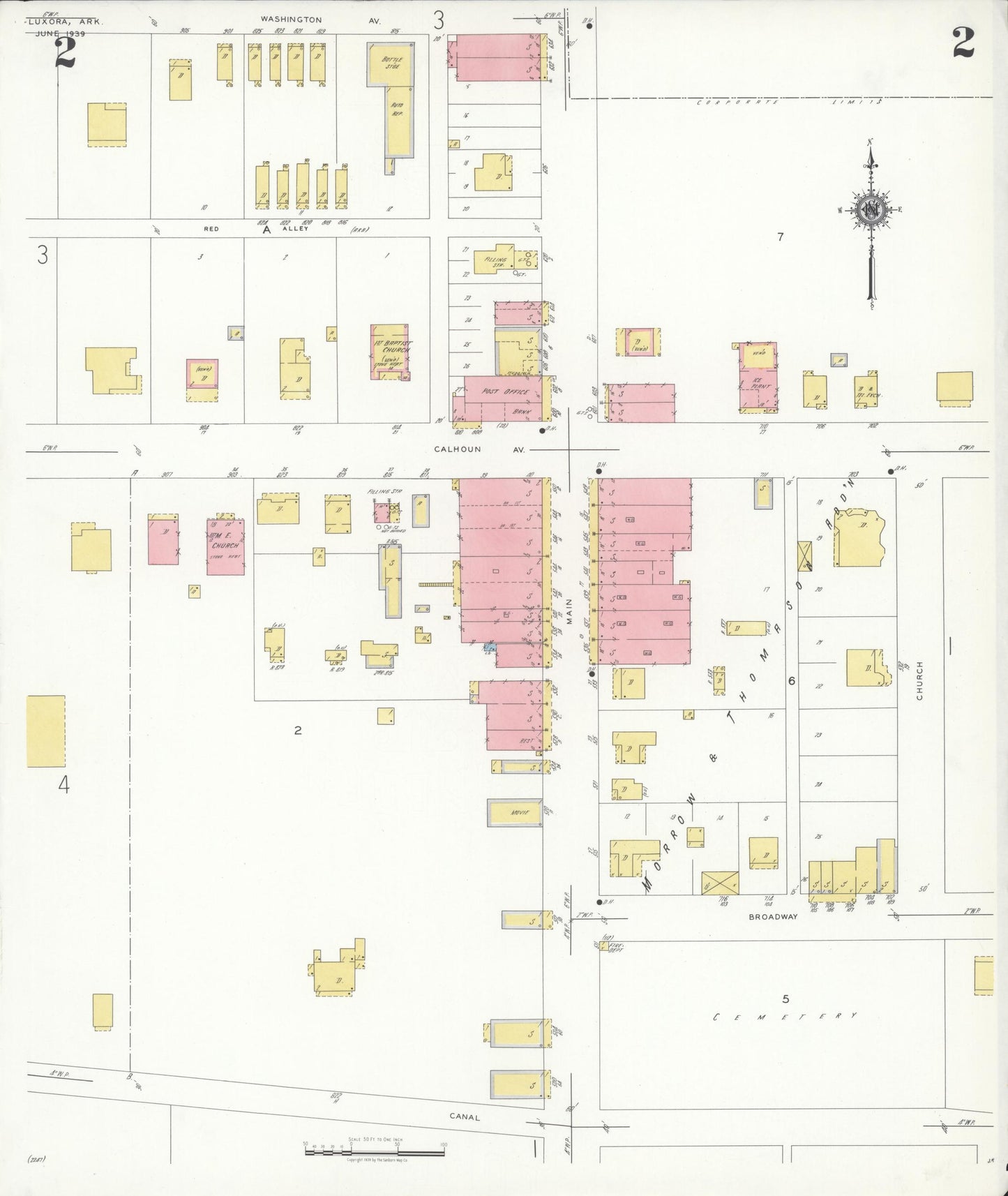 Sanborn Fire Insurance Map from Luxora, Mississippi County, Arkansas (1939), Sheet #0002 - Historic Sanborn Fire Insurance Map Print, vintage old map wall art, antique decor, genealogy gift, Luxora Mississippi map