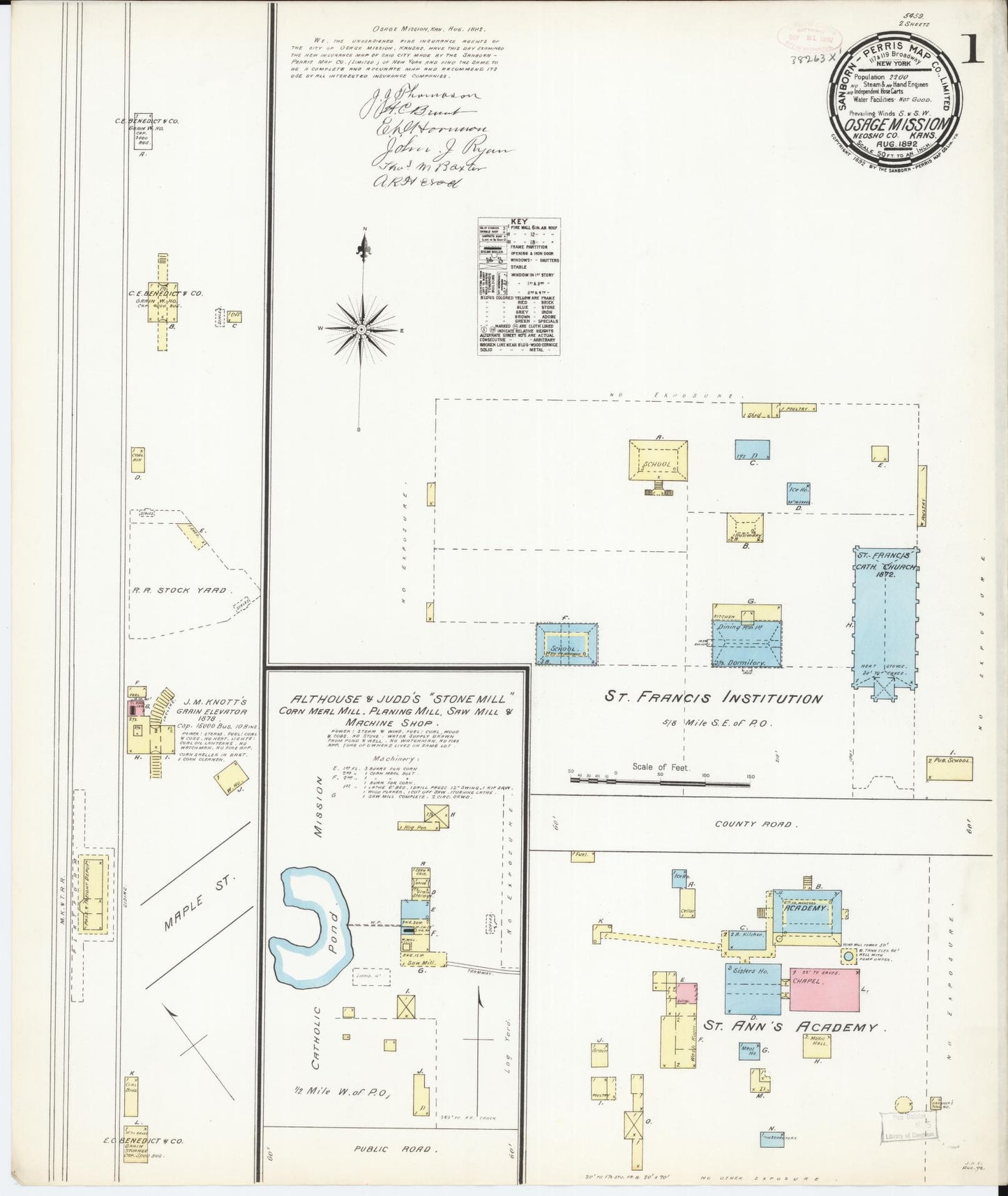 Sanborn Fire Insurance Map from Osage Mission, Neosbe County, Kansas (1892), Sheet #0001 - Historic Sanborn Fire Insurance Map Print, vintage old map wall art, antique decor, genealogy gift, Kansas Kansas map