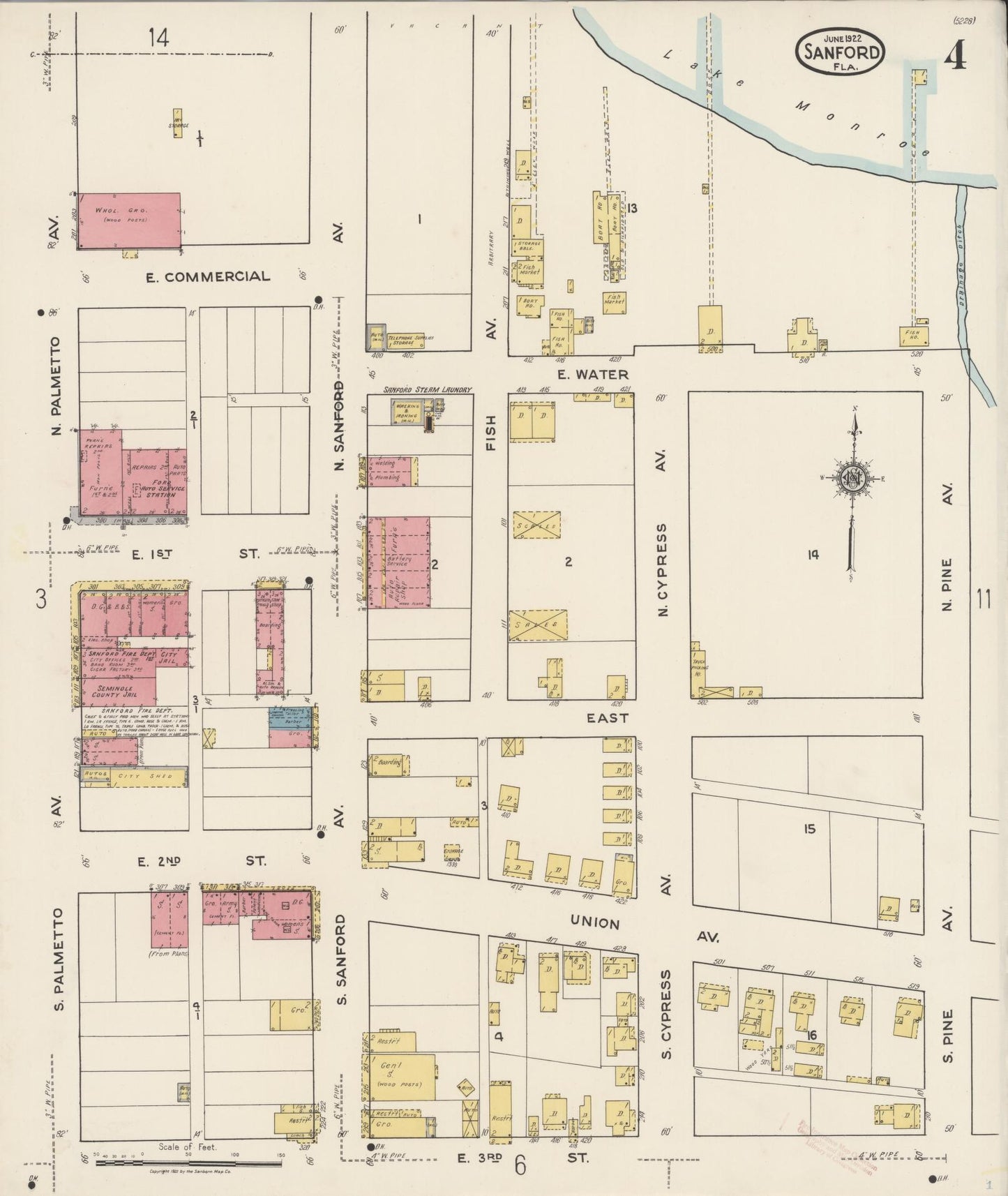 Sanborn Fire Insurance Map from Sanford, Seminole County, Florida (1922), Sheet #0004 - Historic Sanborn Fire Insurance Map Print, vintage old map wall art, antique decor, genealogy gift, Florida Florida map