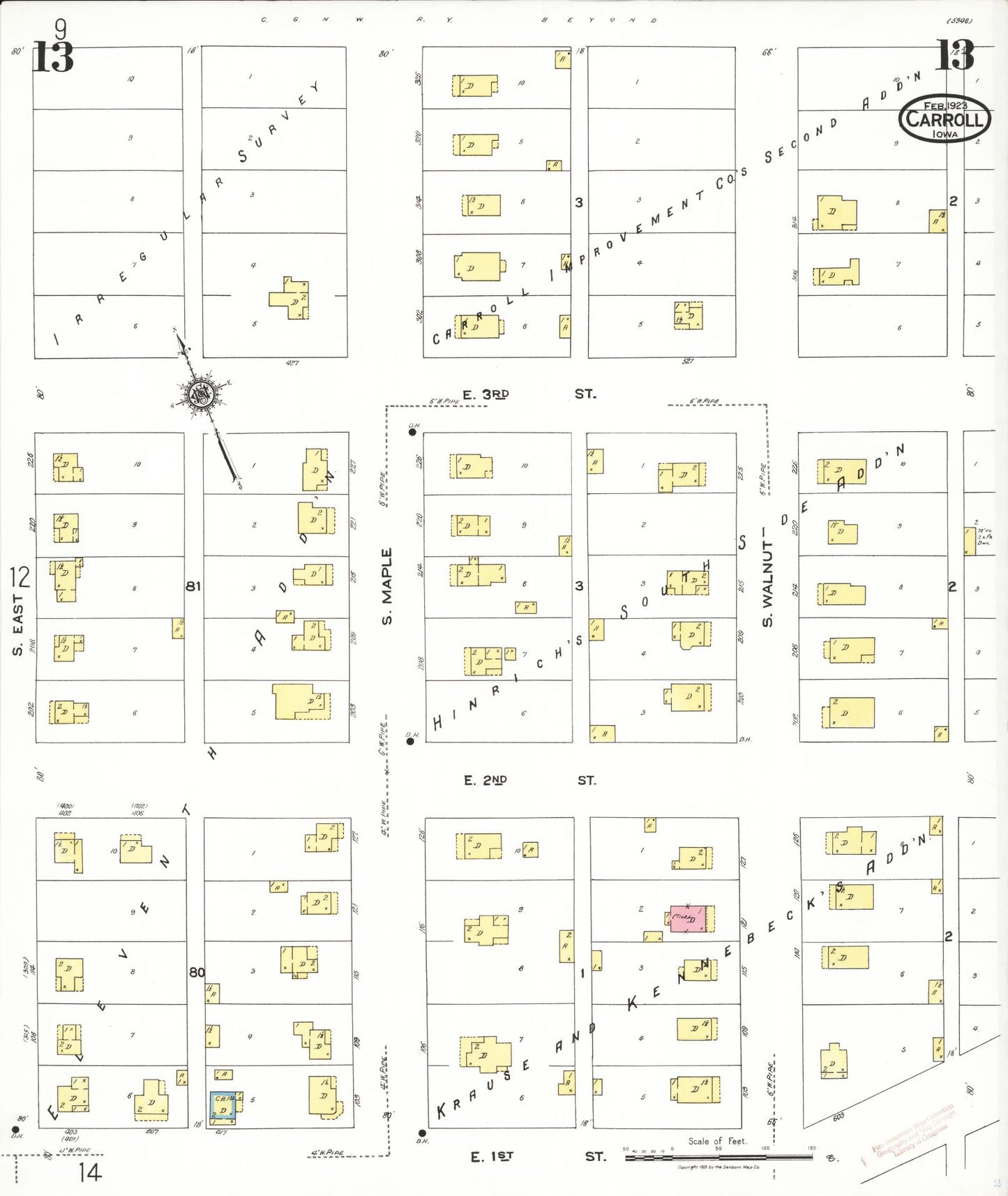 Sanborn Fire Insurance Map from Carroll, Carroll County, Iowa (1923), Sheet #0013 - Historic Sanborn Fire Insurance Map Print, vintage old map wall art
